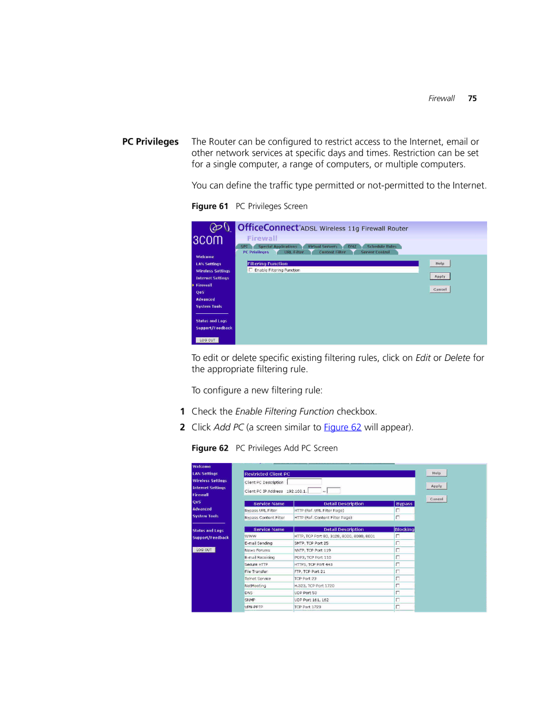 3Com 3CRWDR101A-75, 3CRWDR101B-75 manual Check the Enable Filtering Function checkbox, PC Privileges Screen 