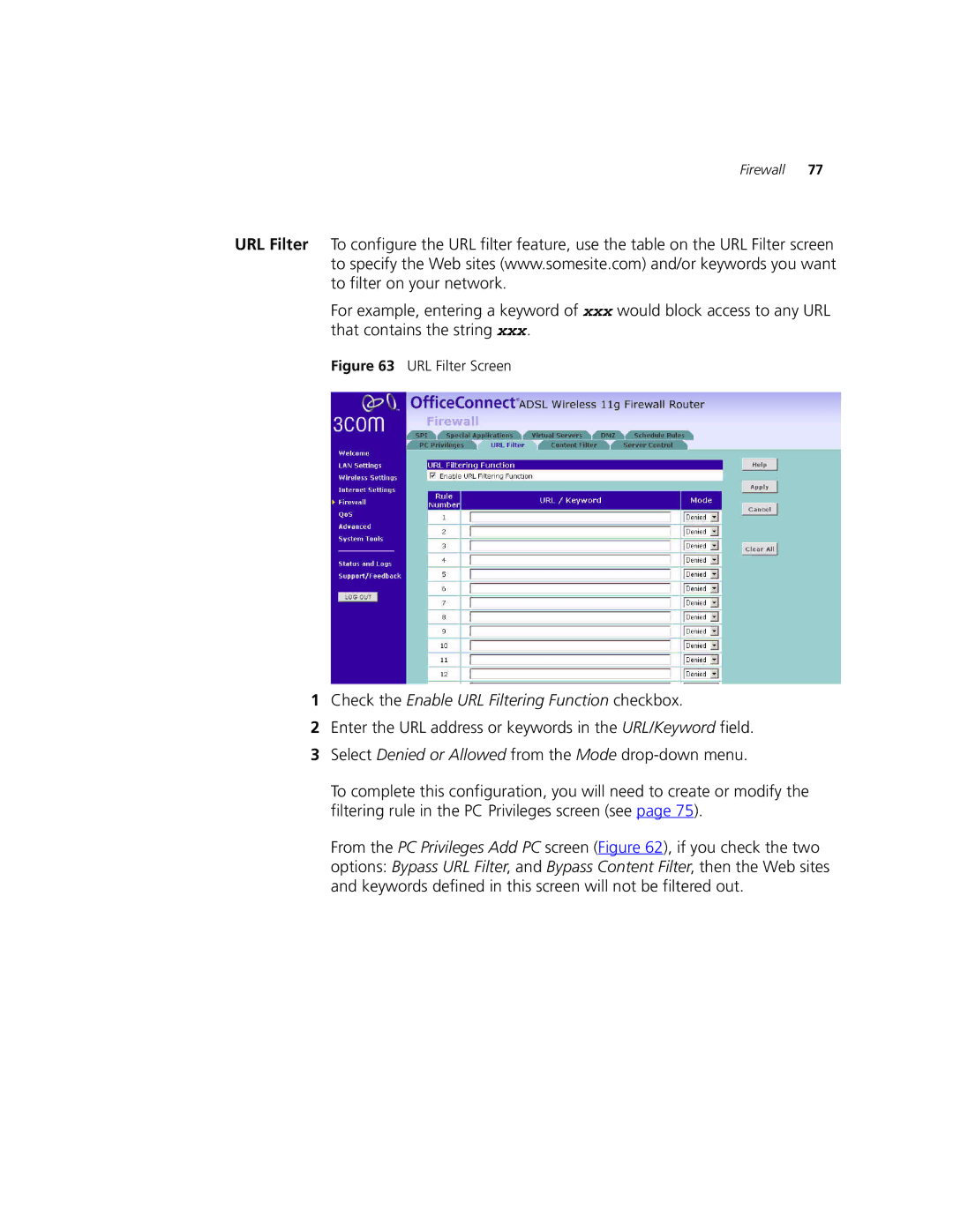 3Com 3CRWDR101A-75, 3CRWDR101B-75 manual Check the Enable URL Filtering Function checkbox, URL Filter Screen 