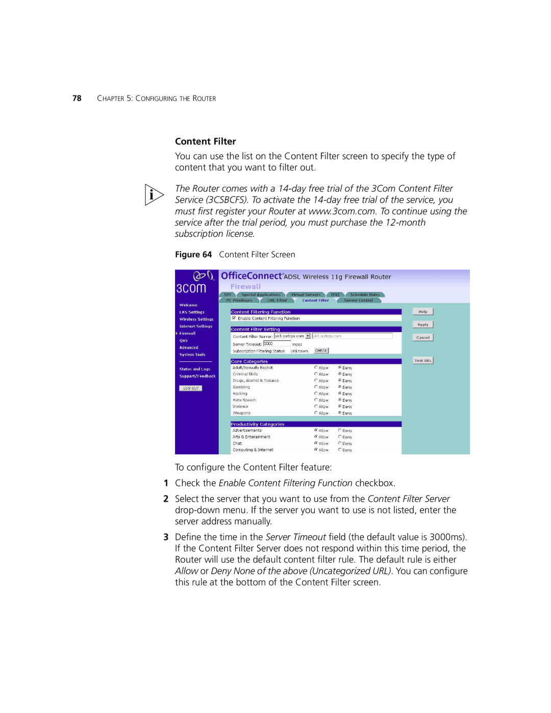 3Com 3CRWDR101B-75, 3CRWDR101A-75 manual Check the Enable Content Filtering Function checkbox 