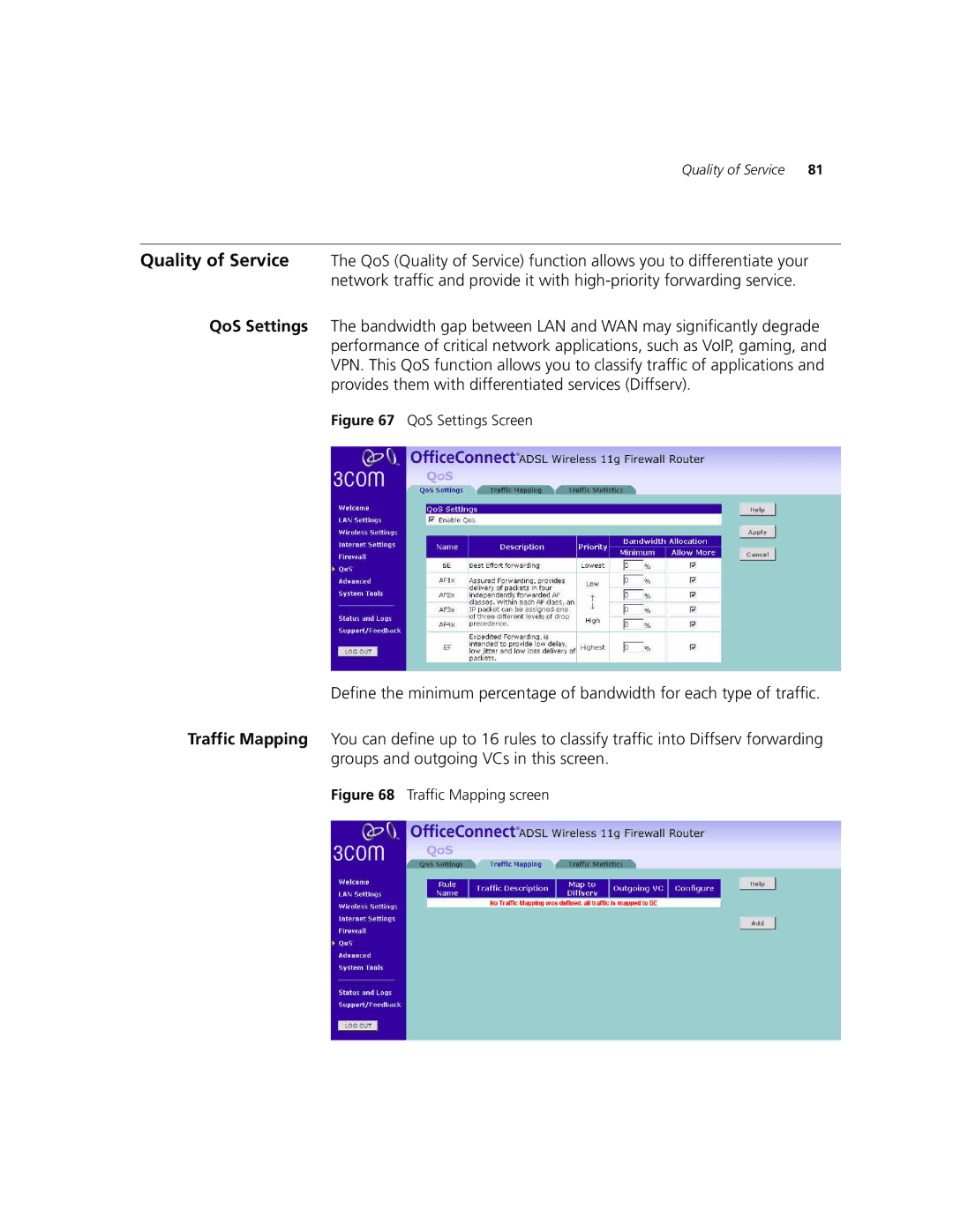 3Com 3CRWDR101A-75, 3CRWDR101B-75 manual QoS Settings Screen 