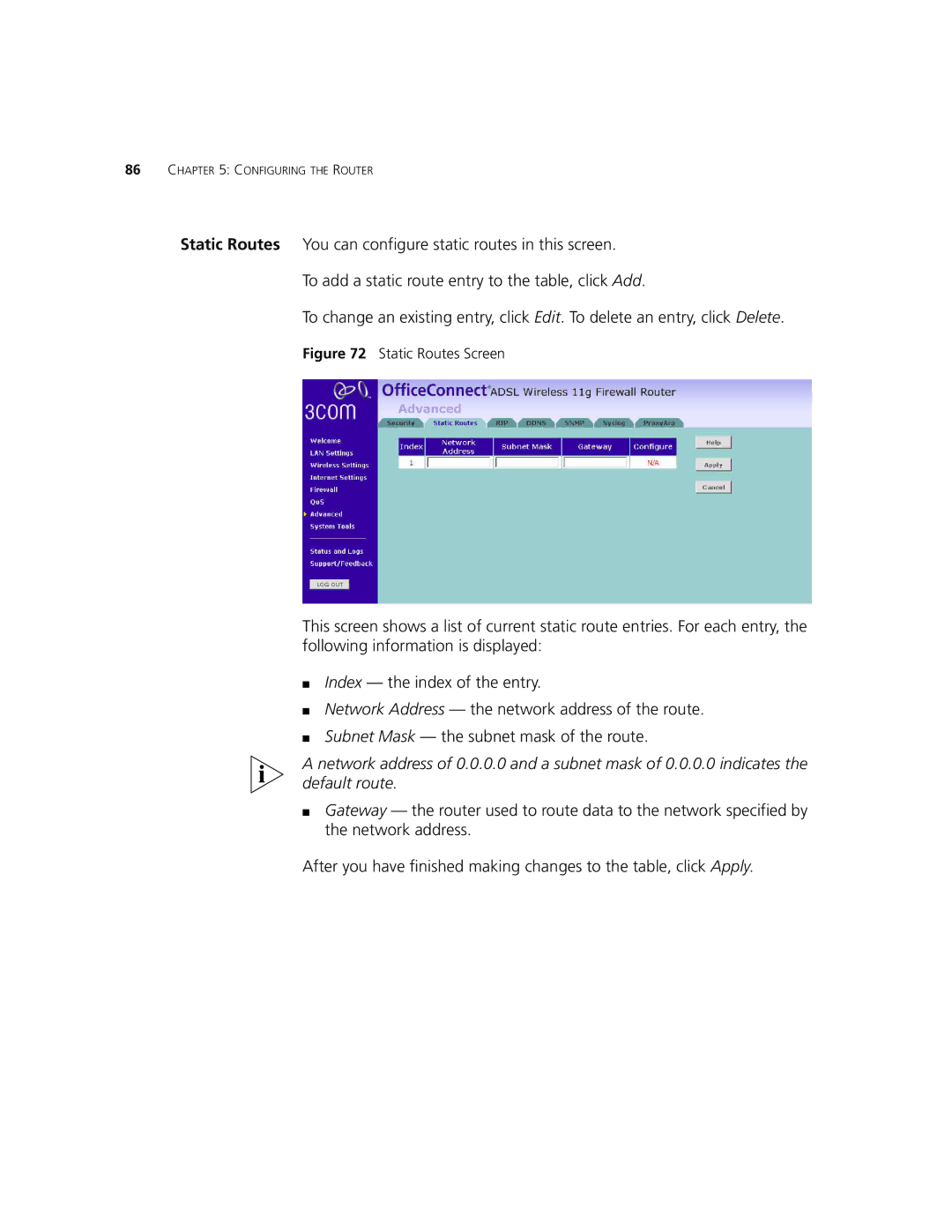 3Com 3CRWDR101B-75, 3CRWDR101A-75 manual Static Routes Screen 