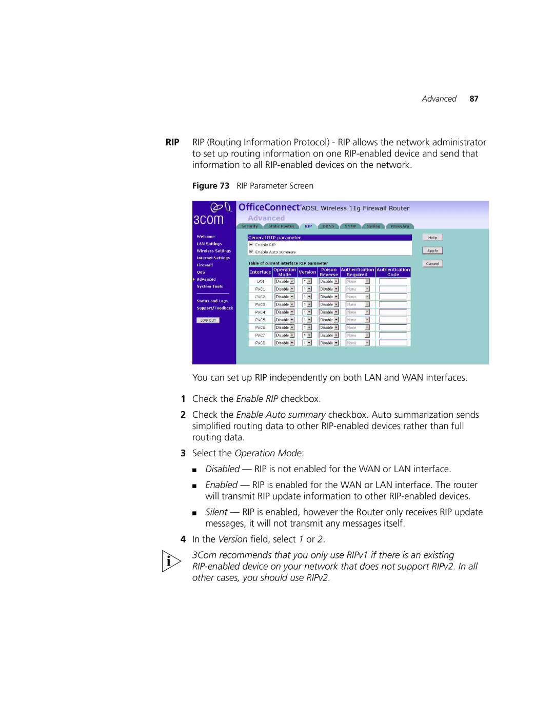 3Com 3CRWDR101A-75, 3CRWDR101B-75 manual Select the Operation Mode, Disabled RIP is not enabled for the WAN or LAN interface 