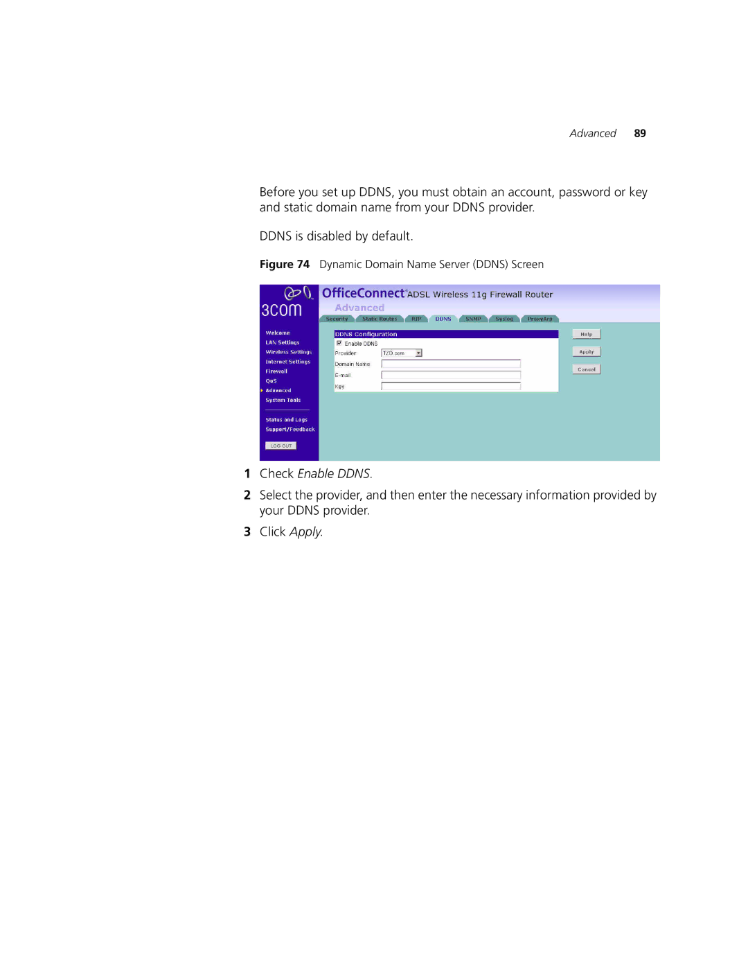 3Com 3CRWDR101A-75, 3CRWDR101B-75 manual Check Enable Ddns, Dynamic Domain Name Server Ddns Screen 