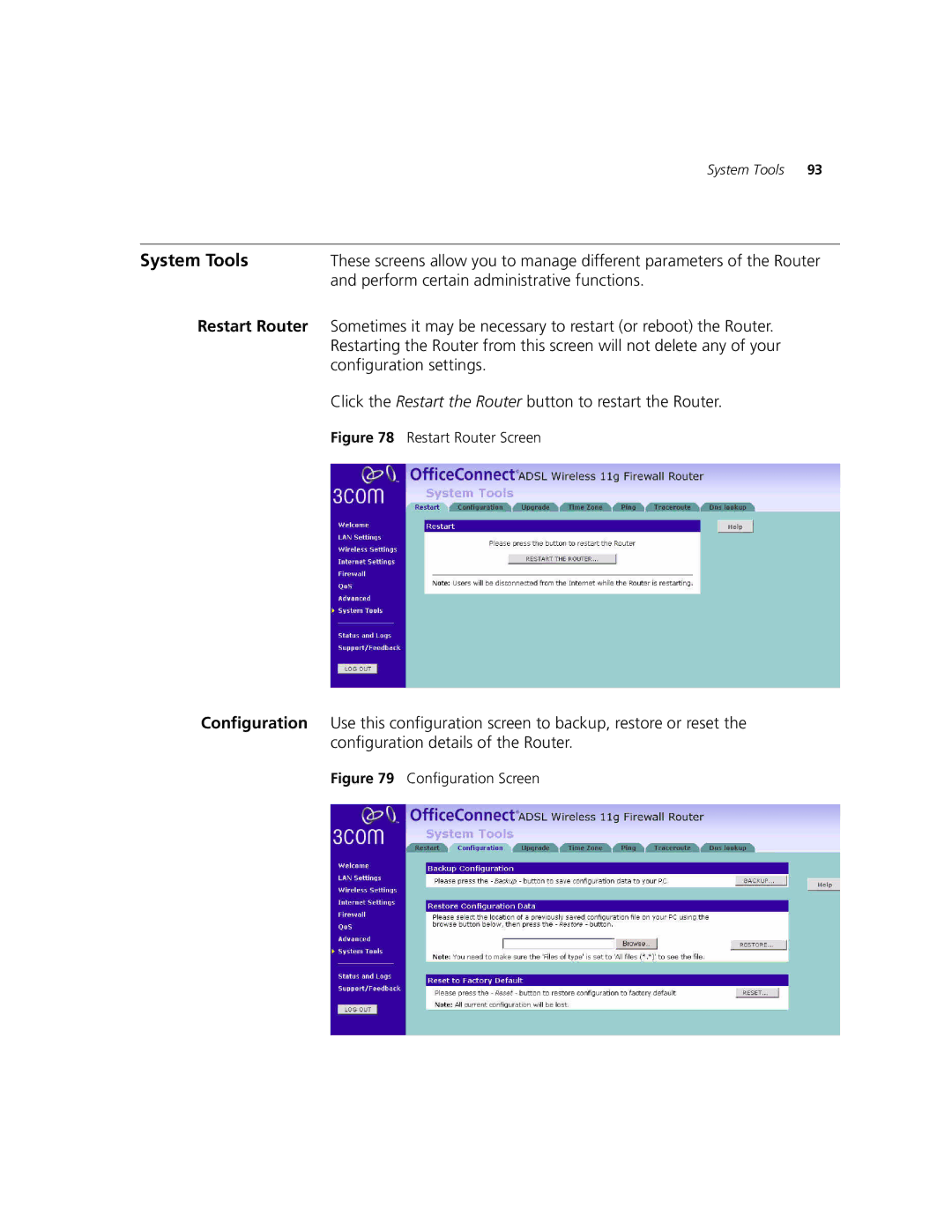 3Com 3CRWDR101A-75, 3CRWDR101B-75 manual System Tools, Restart Router Screen 