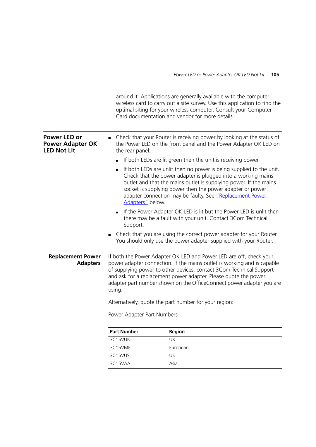 3Com 3CRWDR200A-75, 3CRWDR200B-75, WL-553 manual Power LED or, Power Adapter OK, LED Not Lit 