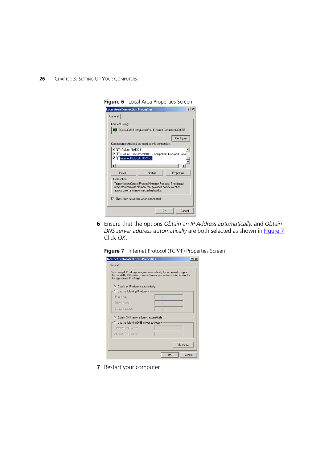 3Com WL-553, 3CRWDR200A-75, 3CRWDR200B-75 manual Restart your computer, Local Area Properties Screen 