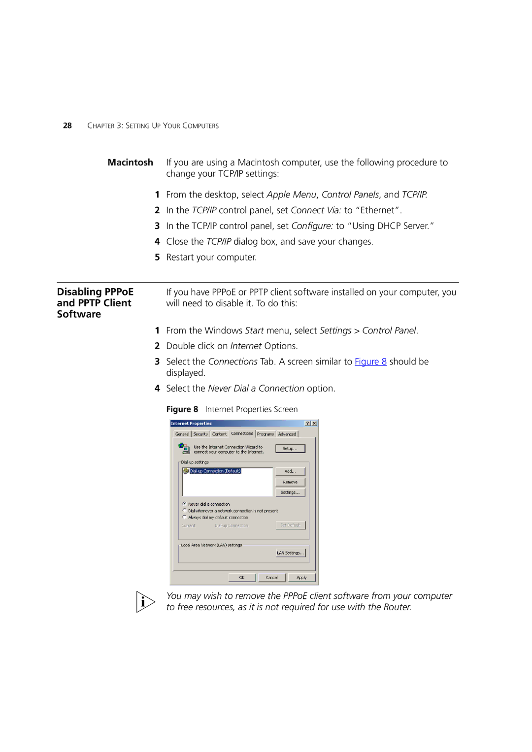 3Com 3CRWDR200B-75, 3CRWDR200A-75, WL-553 manual Disabling PPPoE, Pptp Client, Software, Macintosh 