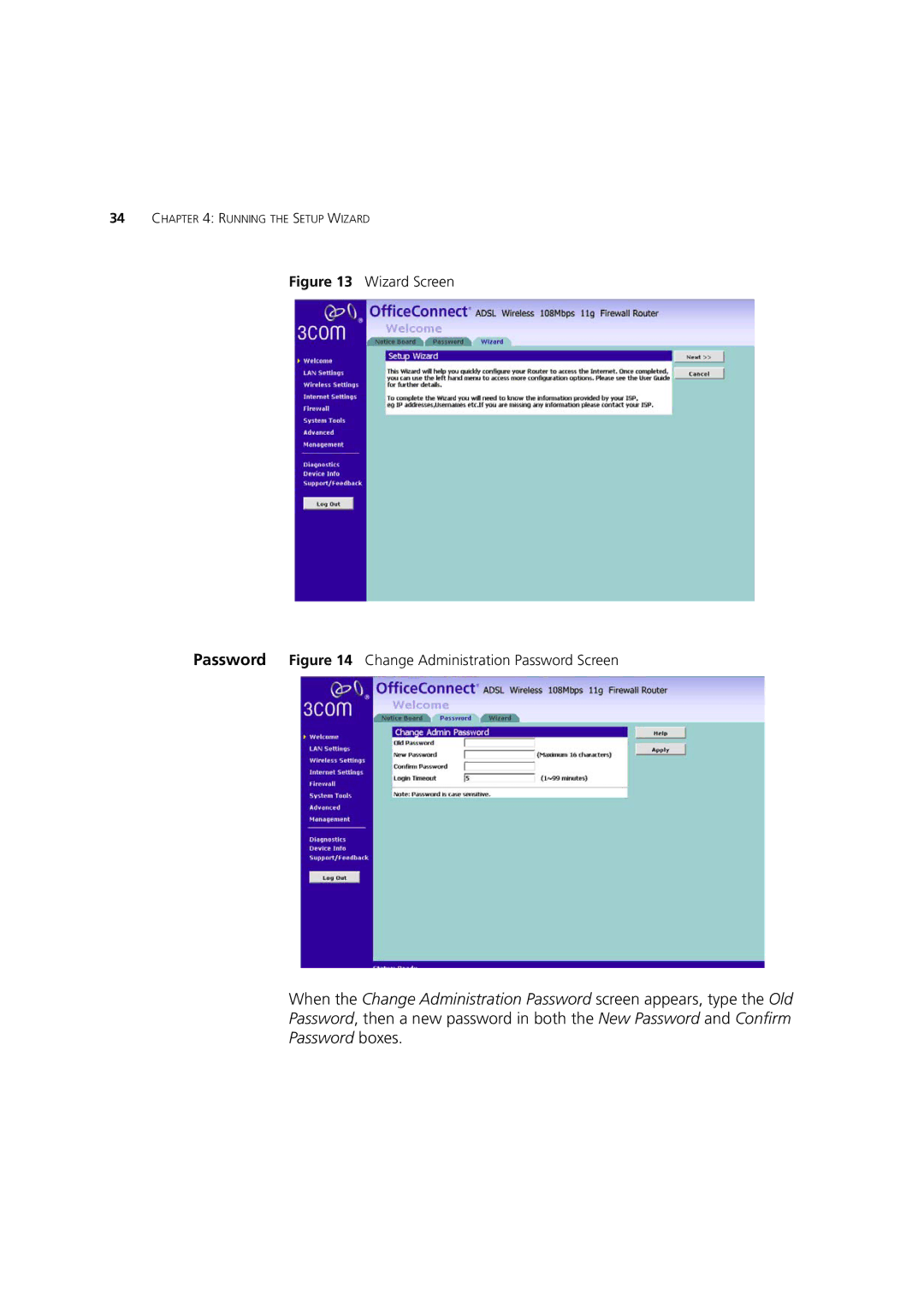 3Com 3CRWDR200B-75, 3CRWDR200A-75, WL-553 manual Wizard Screen Password Change Administration Password Screen 