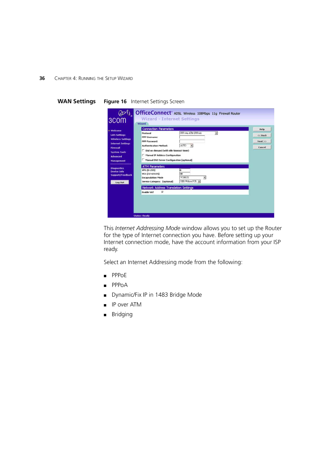 3Com 3CRWDR200A-75, 3CRWDR200B-75, WL-553 manual WAN Settings Internet Settings Screen 