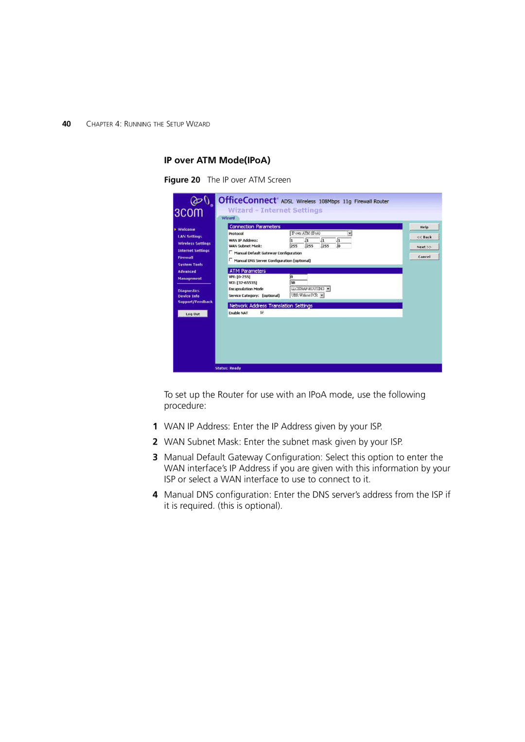 3Com 3CRWDR200B-75, 3CRWDR200A-75, WL-553 manual IP over ATM ModeIPoA, IP over ATM Screen 