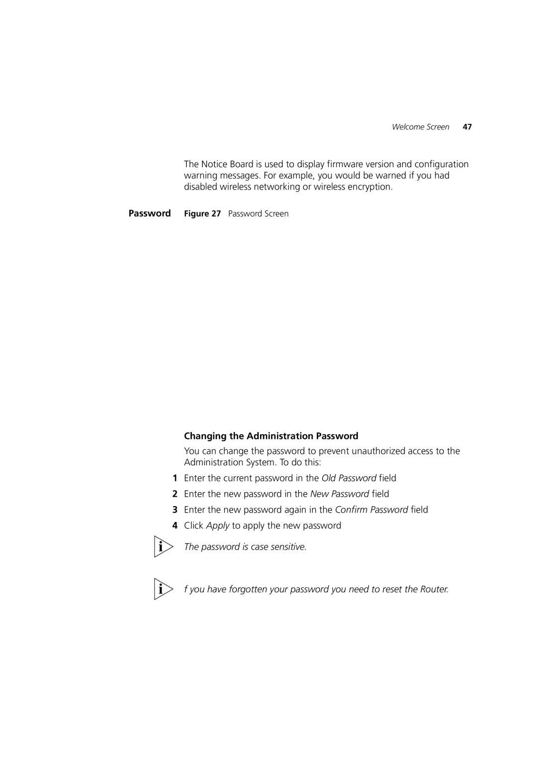 3Com WL-553, 3CRWDR200A-75, 3CRWDR200B-75 manual Changing the Administration Password 