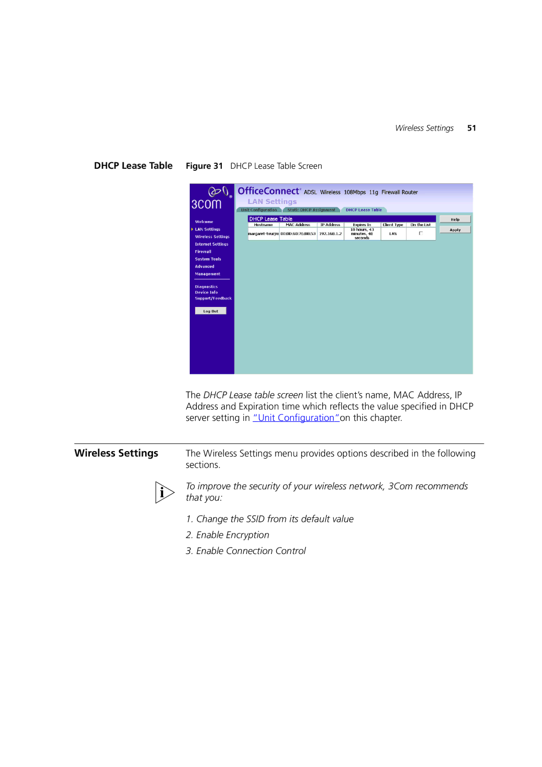 3Com 3CRWDR200A-75, 3CRWDR200B-75, WL-553 manual Dhcp Lease Table Dhcp Lease Table Screen 