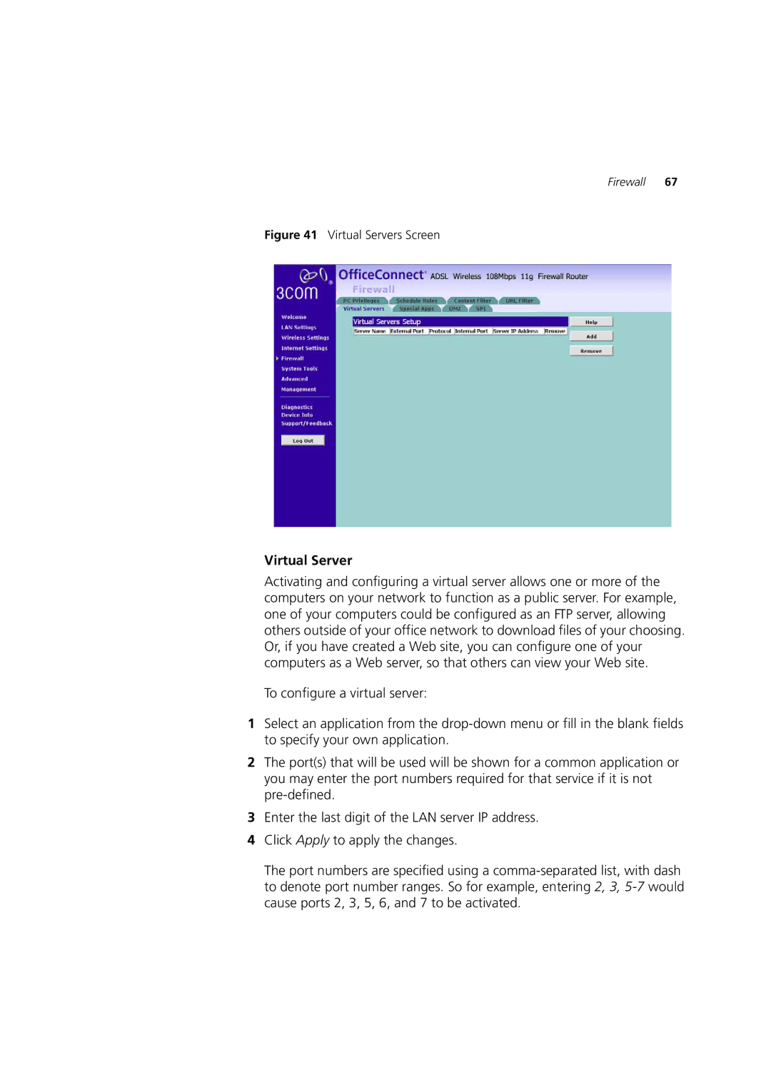 3Com 3CRWDR200B-75, 3CRWDR200A-75, WL-553 manual Virtual Servers Screen 