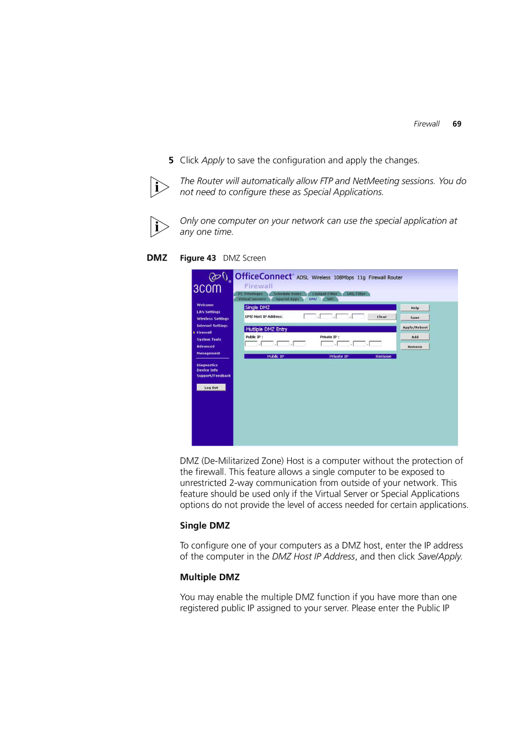 3Com 3CRWDR200A-75, 3CRWDR200B-75 Click Apply to save the configuration and apply the changes, Single DMZ, Multiple DMZ 