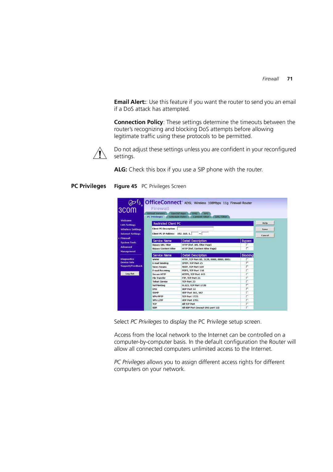 3Com WL-553, 3CRWDR200A-75, 3CRWDR200B-75 manual PC Privileges PC Privileges Screen 