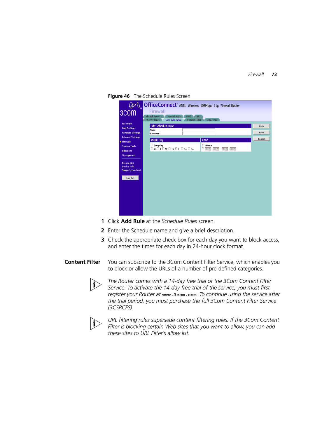 3Com 3CRWDR200B-75, 3CRWDR200A-75, WL-553 manual Schedule Rules Screen 