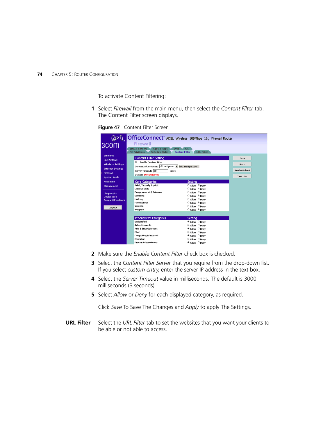 3Com WL-553, 3CRWDR200A-75, 3CRWDR200B-75 Make sure the Enable Content Filter check box is checked, Content Filter Screen 