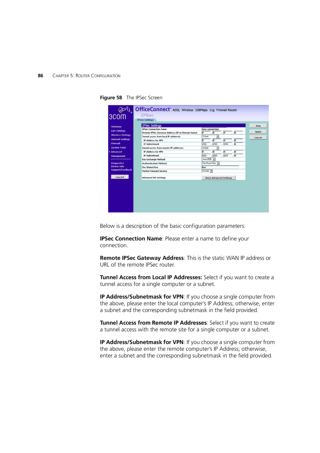 3Com WL-553, 3CRWDR200A-75, 3CRWDR200B-75 manual IPSec Screen 