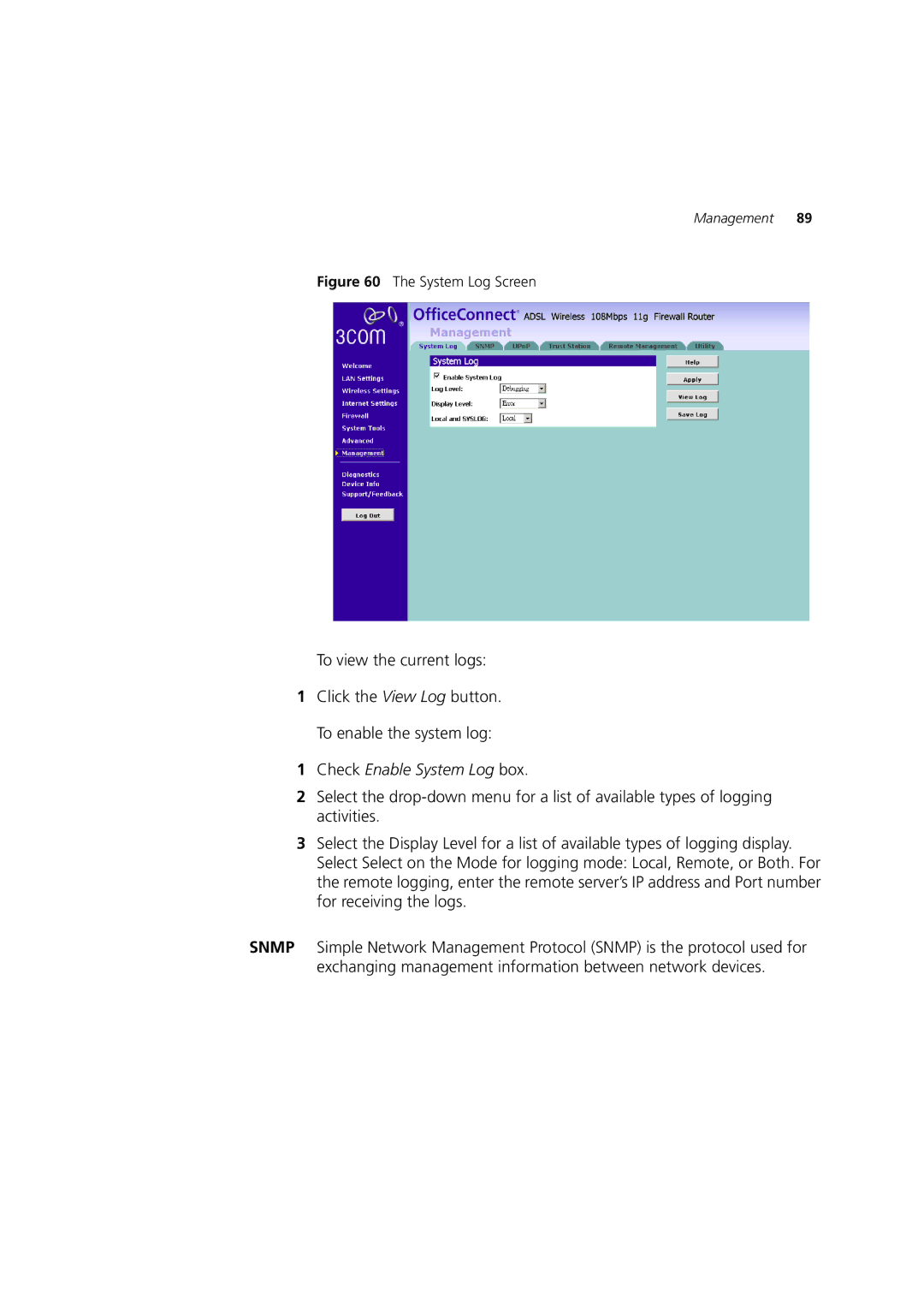 3Com WL-553, 3CRWDR200A-75, 3CRWDR200B-75 manual Check Enable System Log box 