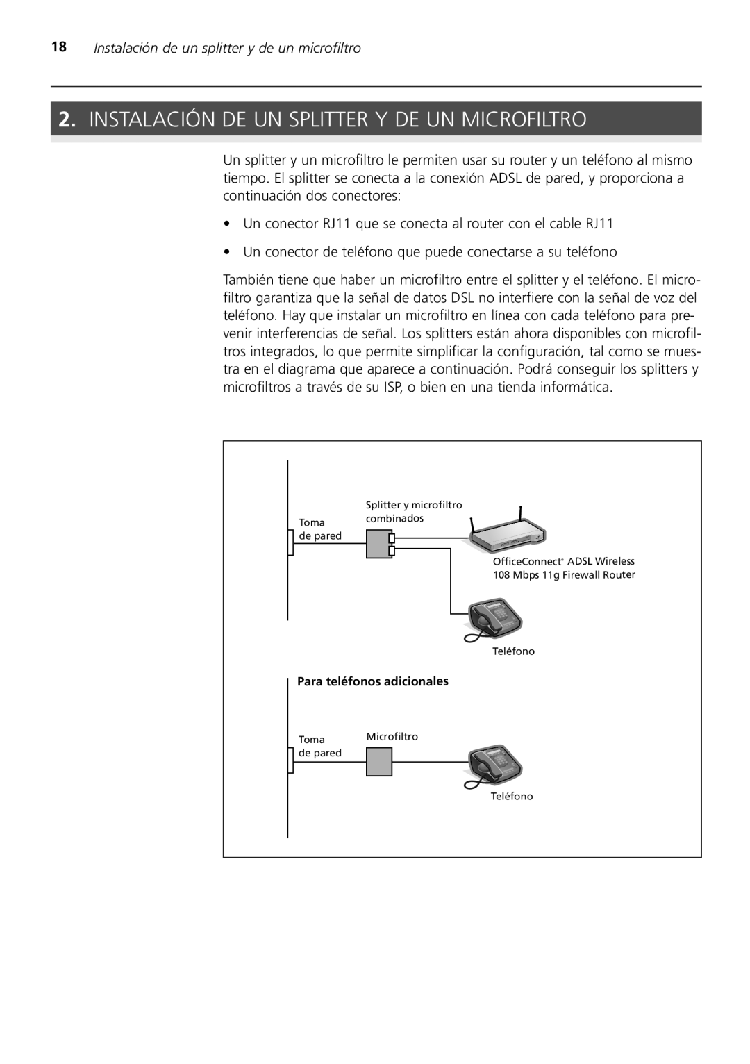 3Com 3CRWDR200A-75 installation manual Instalación DE UN Splitter Y DE UN Microfiltro 