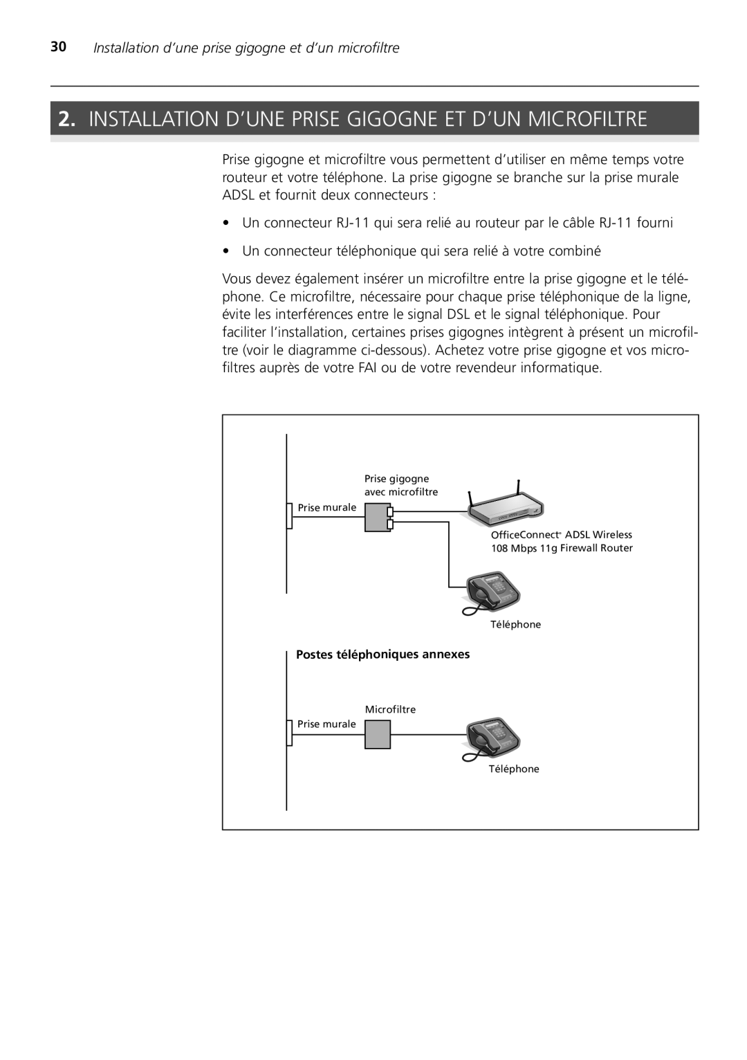 3Com 3CRWDR200A-75 installation manual Installation D’UNE Prise Gigogne ET D’UN Microfiltre 