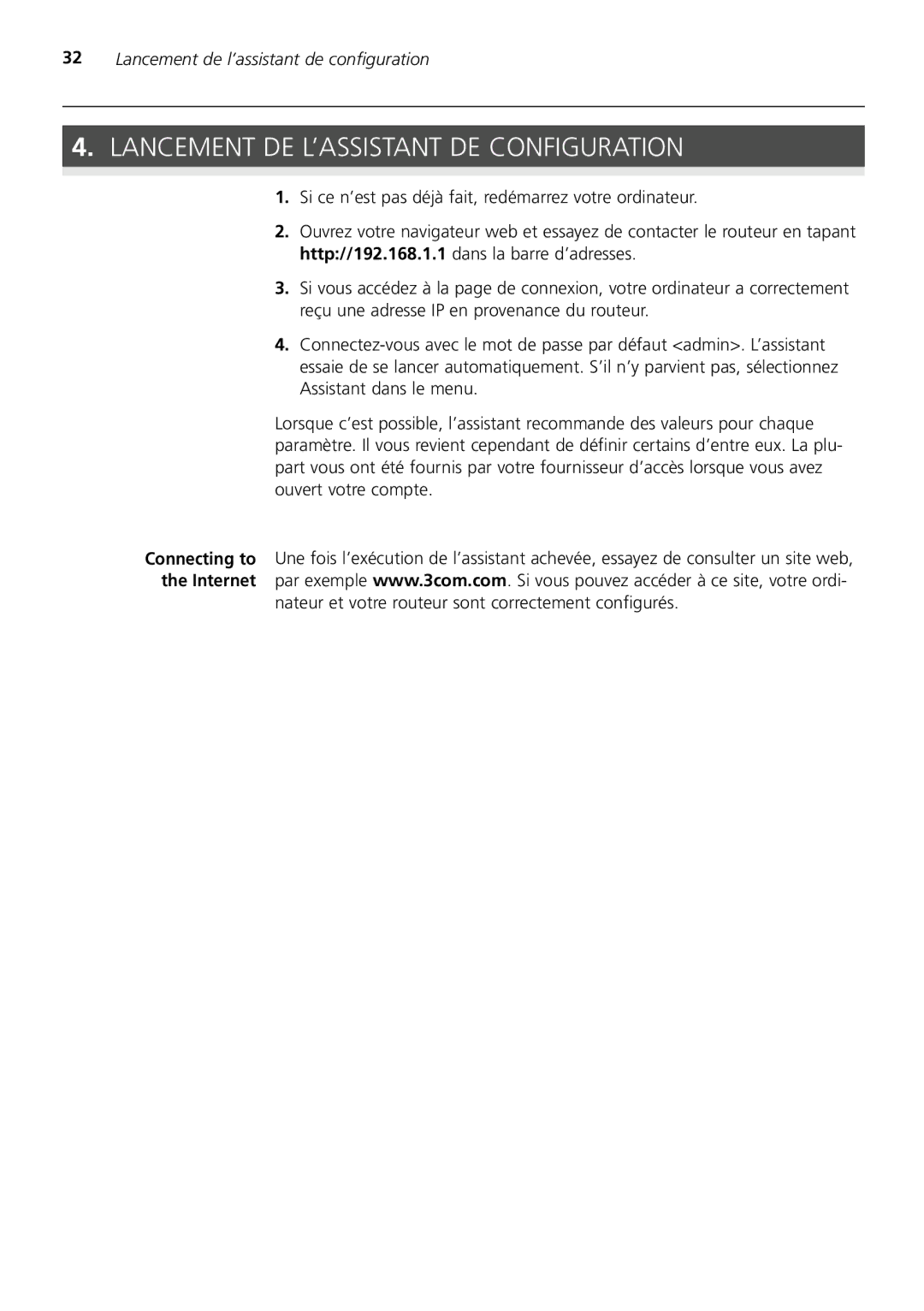 3Com 3CRWDR200A-75 installation manual Lancement DE L’ASSISTANT DE Configuration 