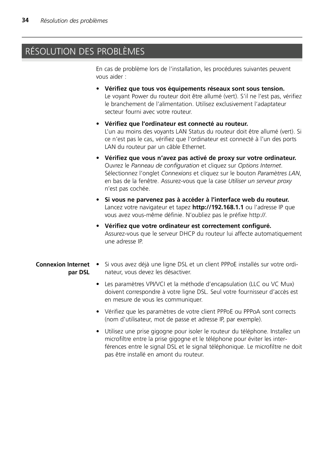 3Com 3CRWDR200A-75 Résolution DES Problèmes, Vérifiez que tous vos équipements réseaux sont sous tension, Par DSL 