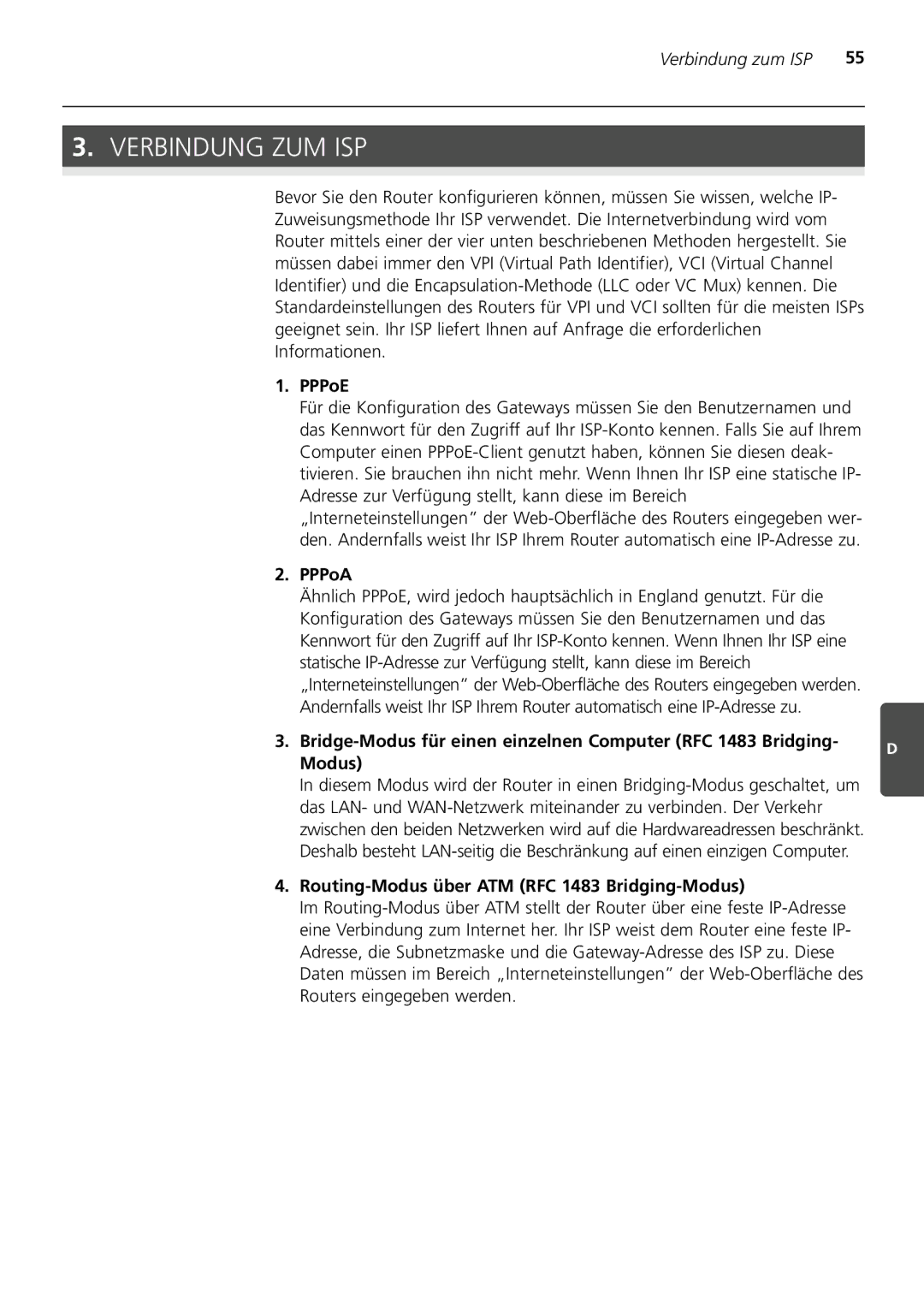 3Com 3CRWDR200A-75 installation manual Verbindung ZUM ISP, Bridge-Modus für einen einzelnen Computer RFC 1483 Bridging 