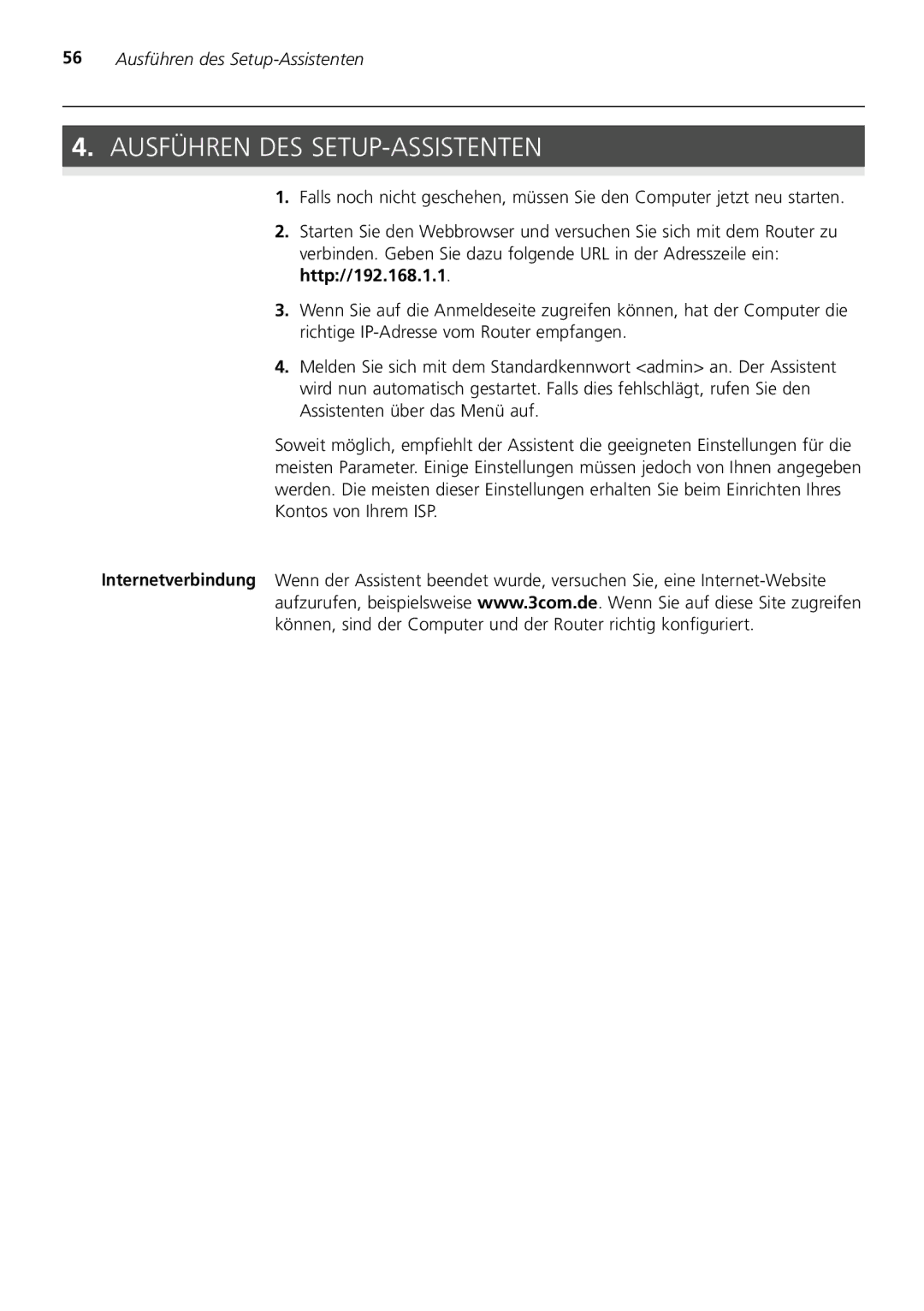 3Com 3CRWDR200A-75 installation manual Ausführen DES SETUP-ASSISTENTEN 