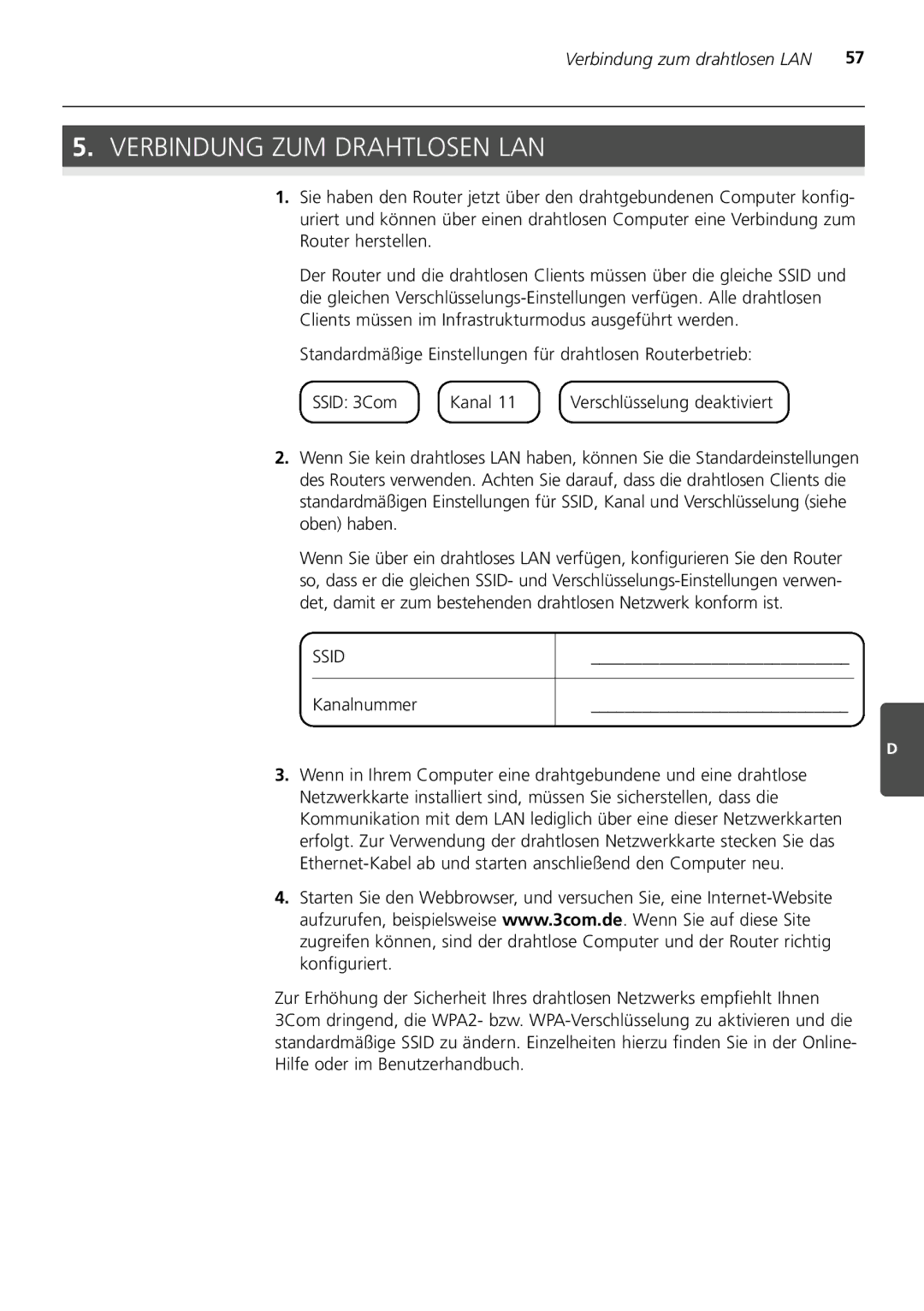 3Com 3CRWDR200A-75 installation manual Verbindung ZUM Drahtlosen LAN, Kanalnummer 