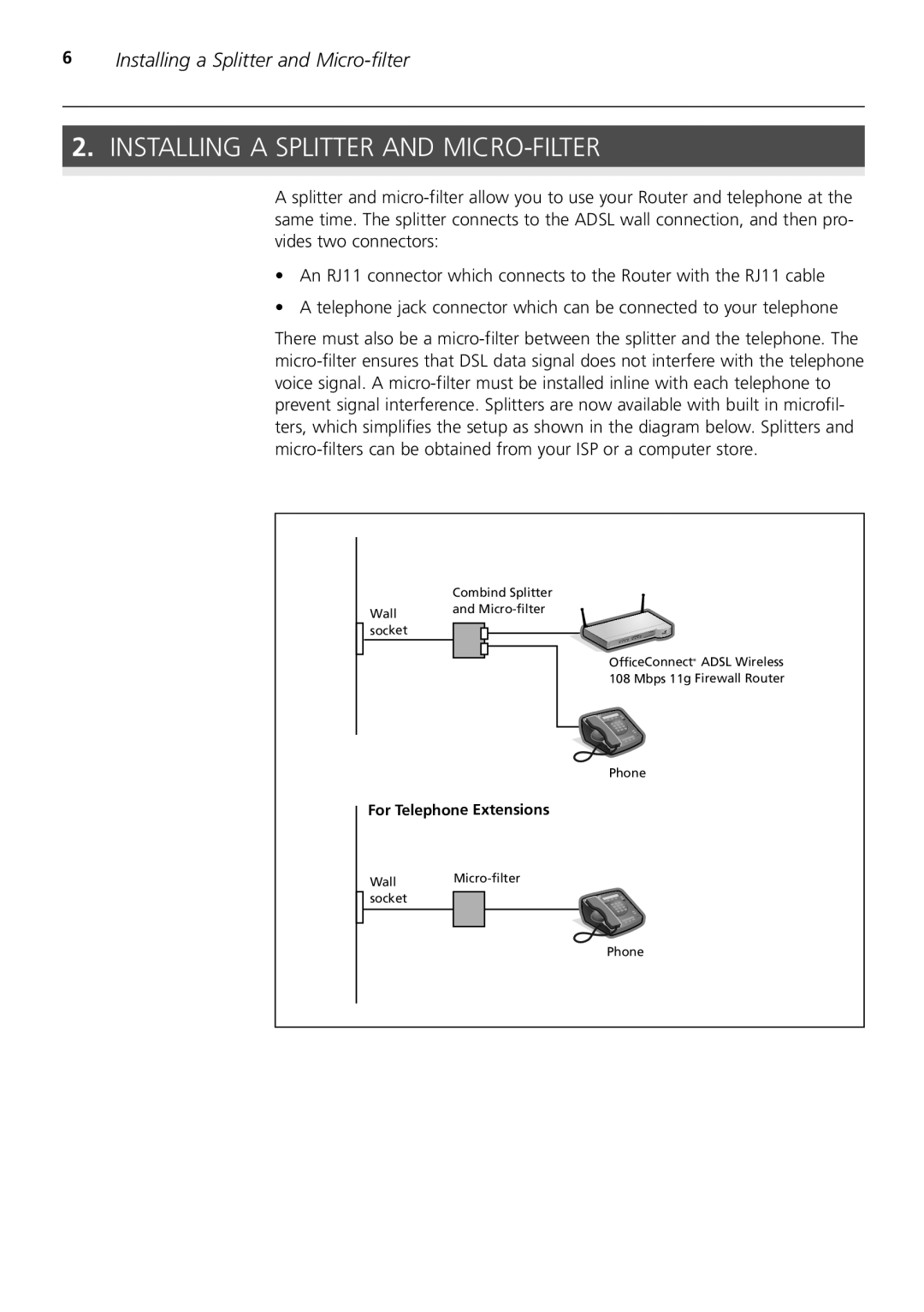 3Com 3CRWDR200A-75 installation manual Installing a Splitter and MICRO-FILTER 