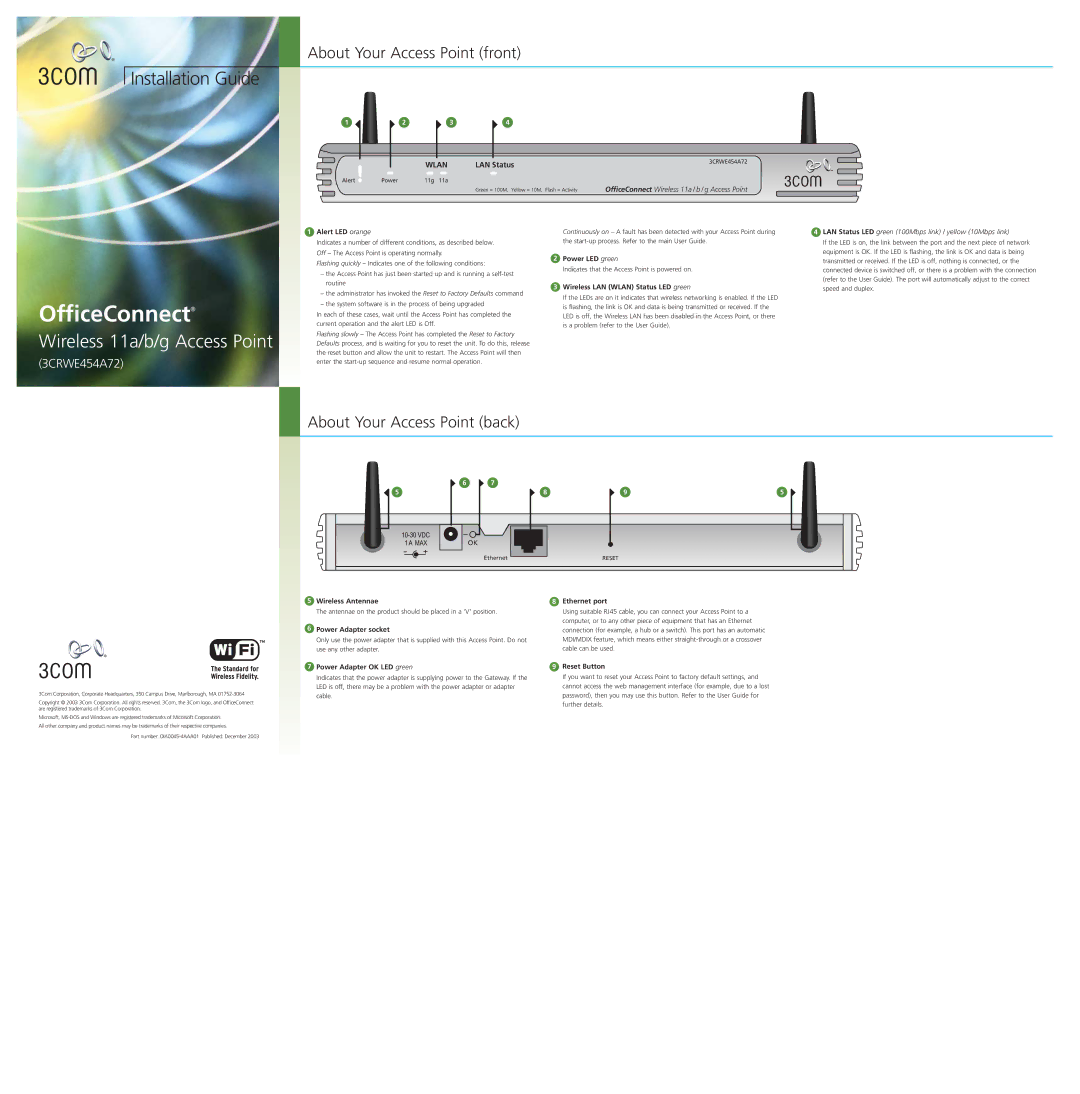 3Com 3CRWE454A72 manual About Your Access Point front, About Your Access Point back 