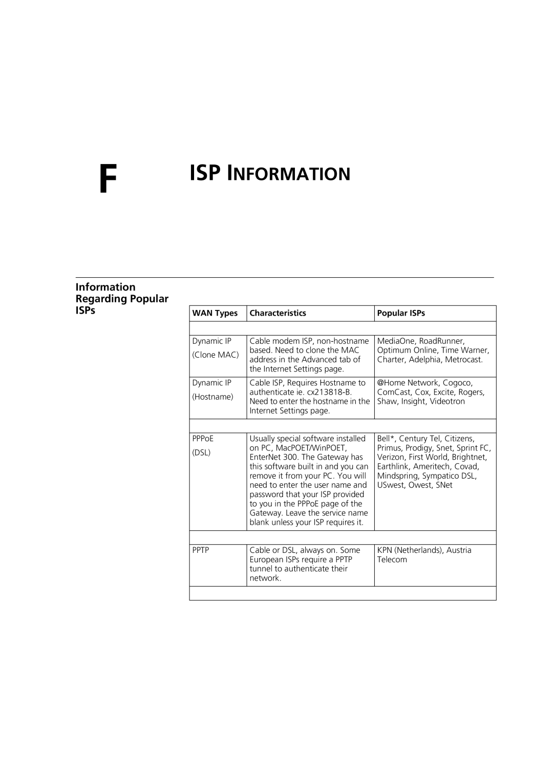 3Com 3CRWE52196 manual ISP Information, Information Regarding Popular ISPs 