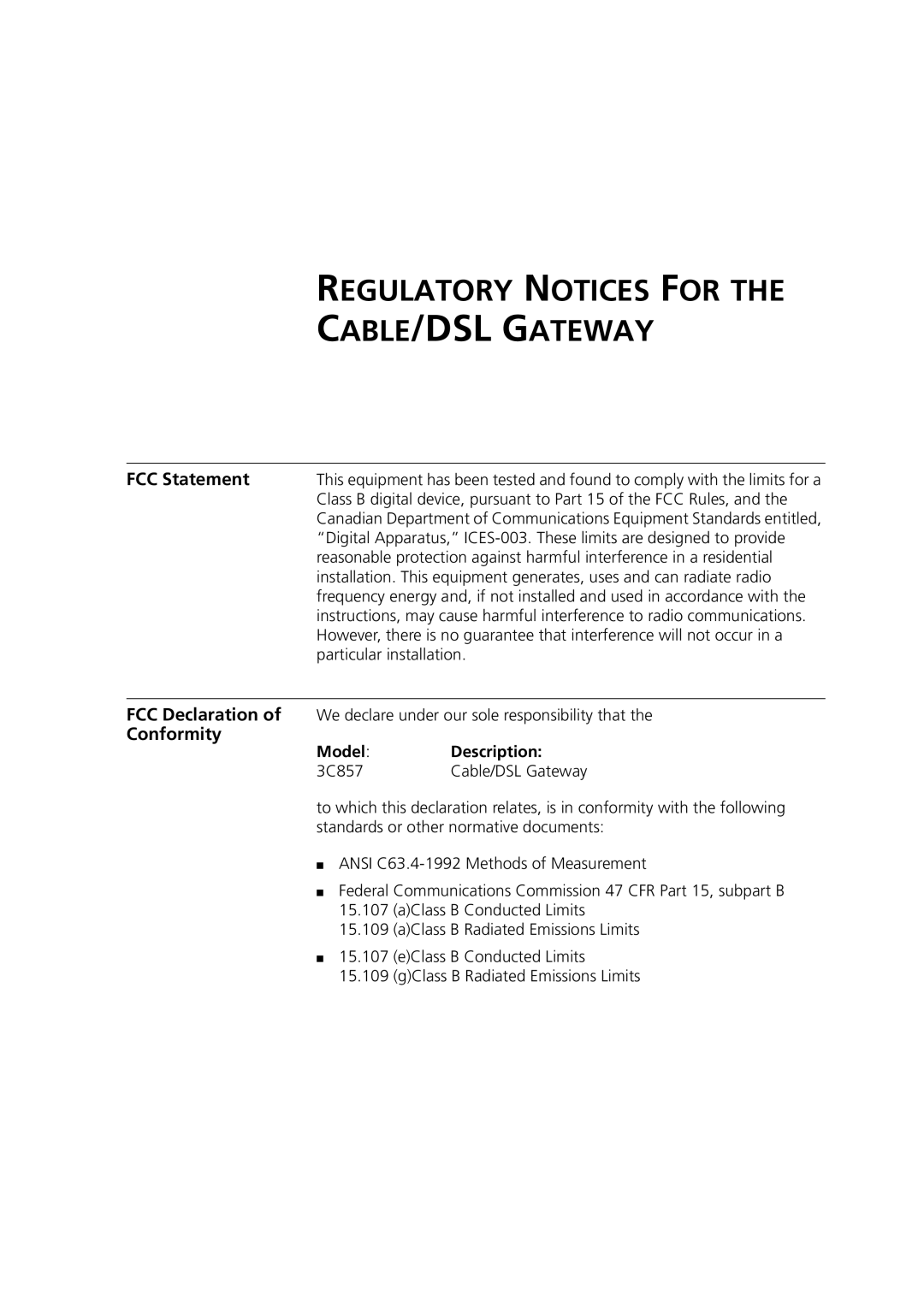 3Com 3CRWE52196 manual FCC Statement, FCC Declaration, Conformity, Model Description 