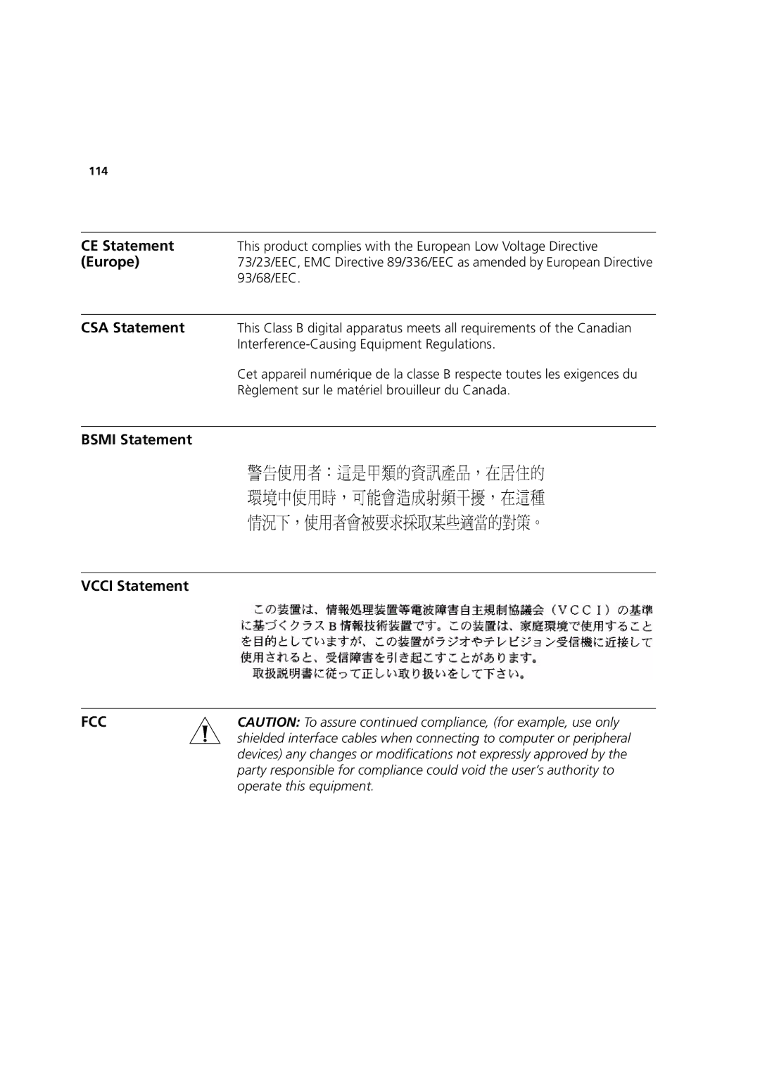 3Com 3CRWE52196 manual CE Statement, Europe, CSA Statement, Bsmi Statement Vcci Statement 