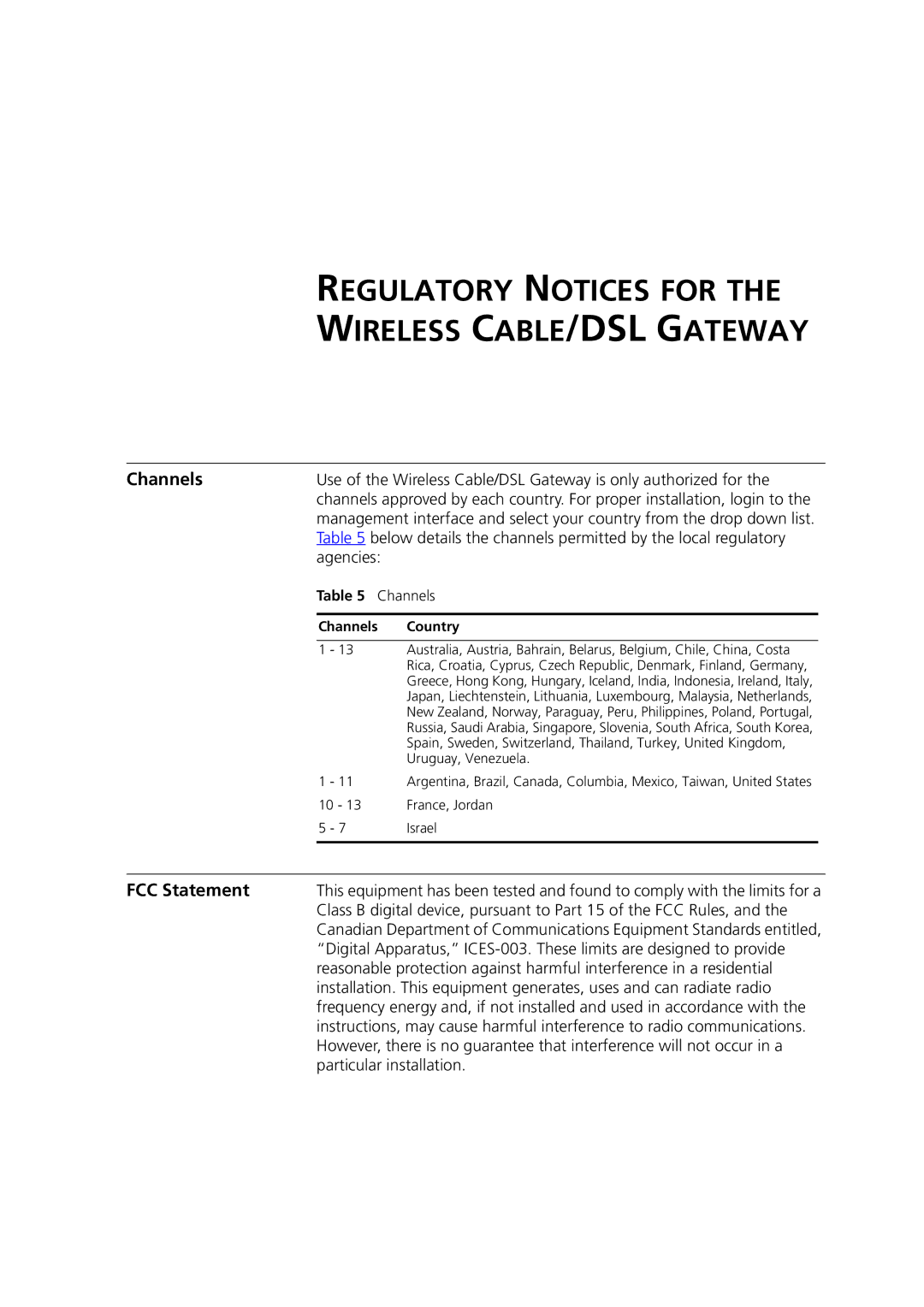 3Com 3CRWE52196 manual Regulatory Notices for Wireless CABLE/DSL Gateway, Channels 