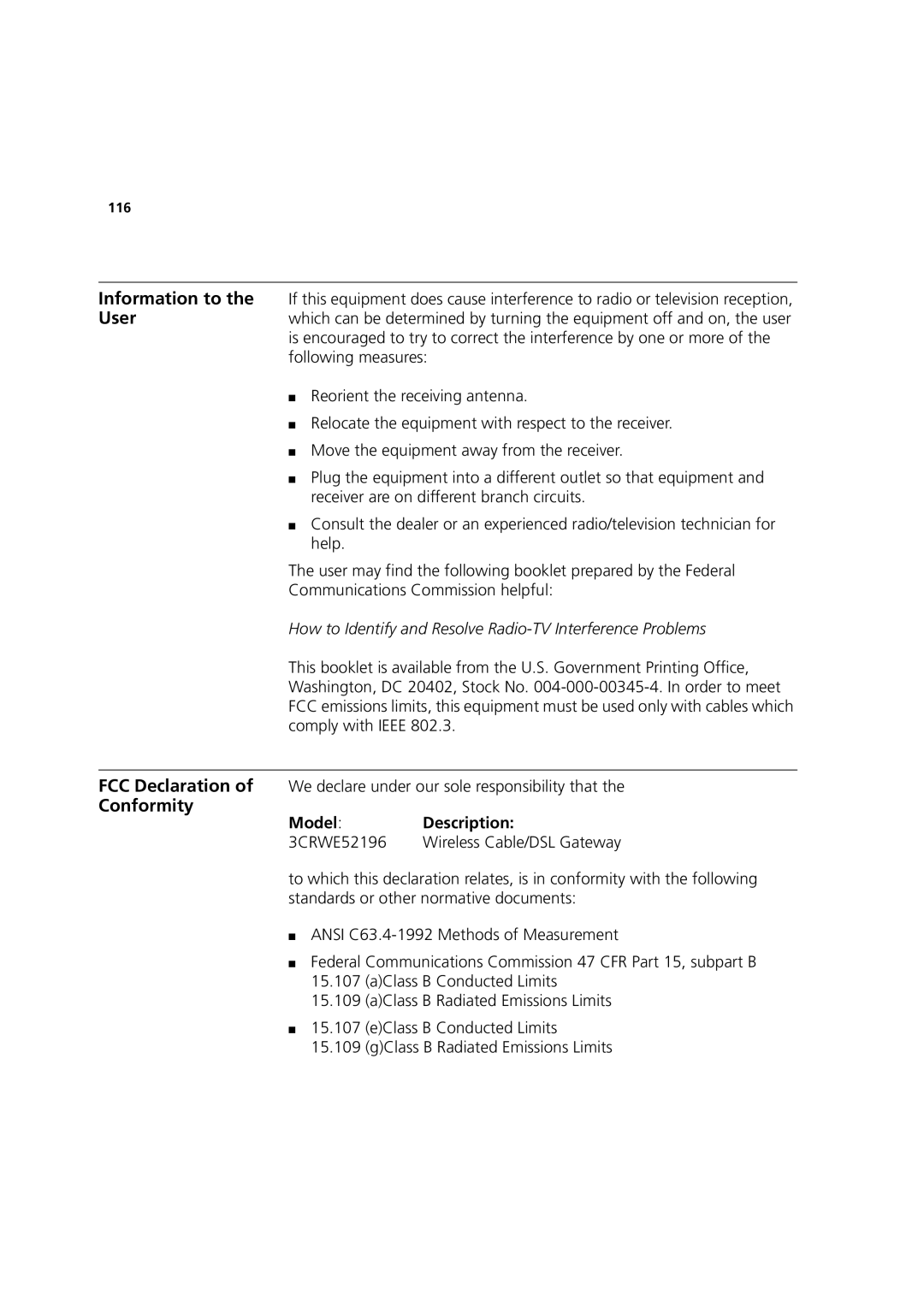 3Com manual How to Identify and Resolve Radio-TV Interference Problems, Model Description 3CRWE52196 