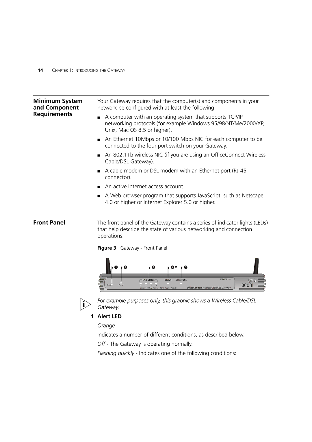 3Com 3CRWE52196 manual Minimum System Component Requirements, Front Panel, Alert LED Orange 