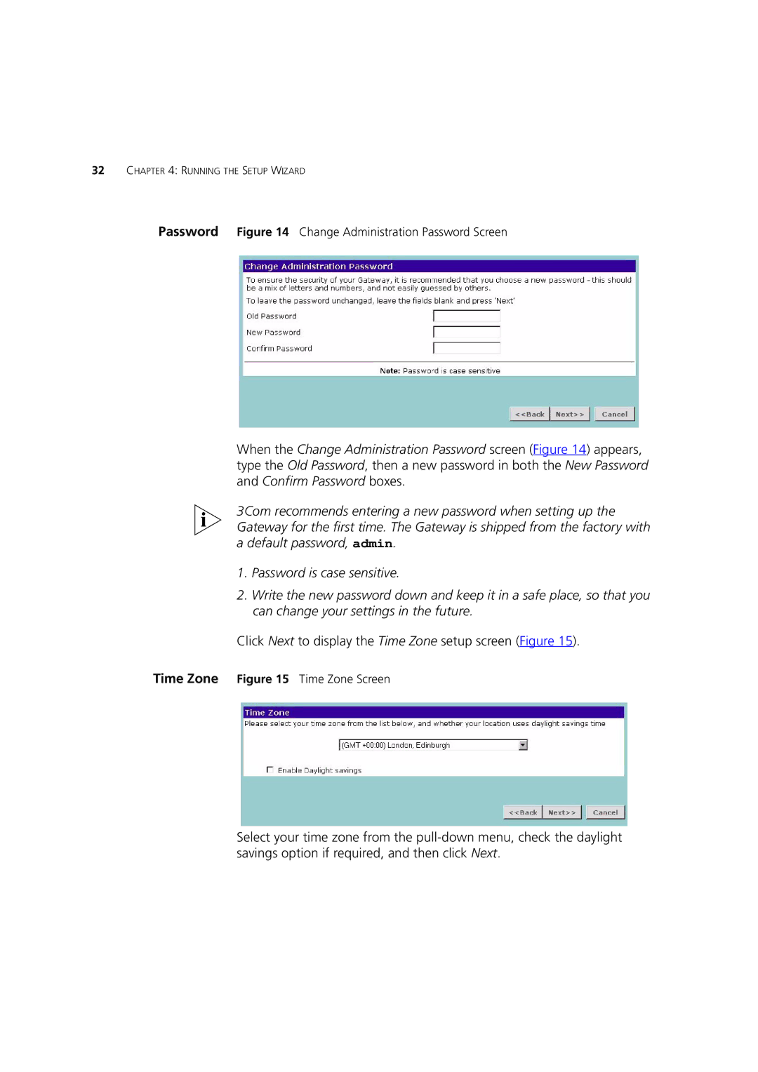 3Com 3CRWE52196 manual Click Next to display the Time Zone setup screen Figure 