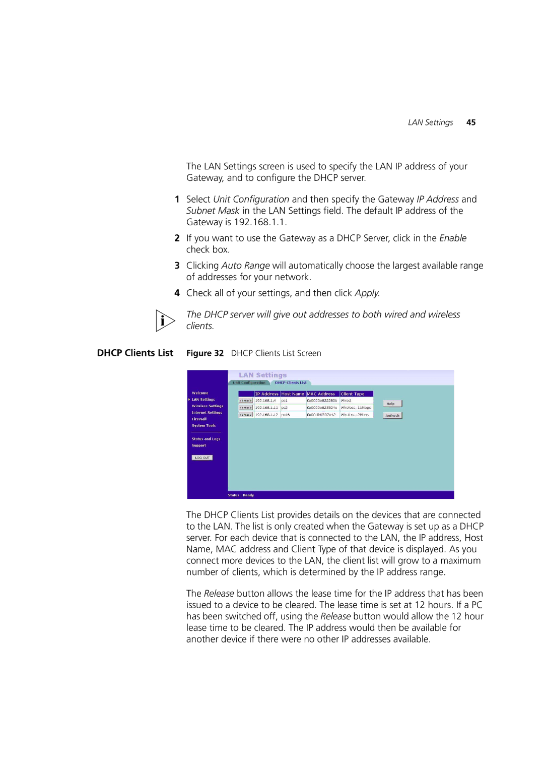 3Com 3CRWE52196 manual LAN Settings 