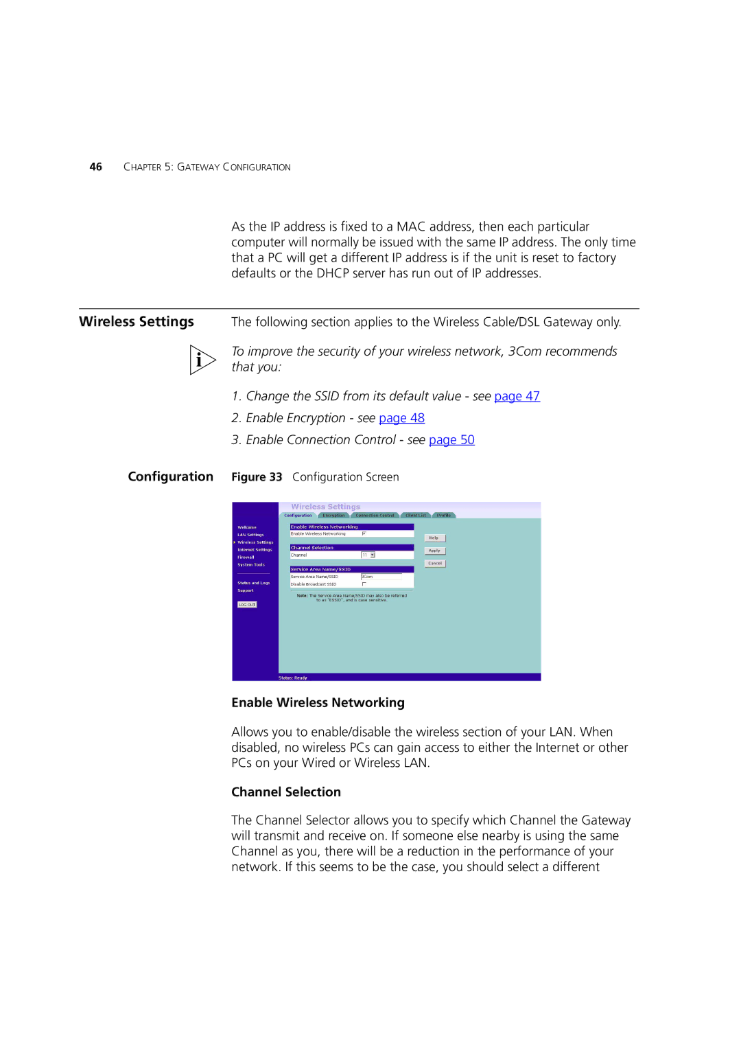 3Com 3CRWE52196 manual Enable Wireless Networking, Channel Selection 