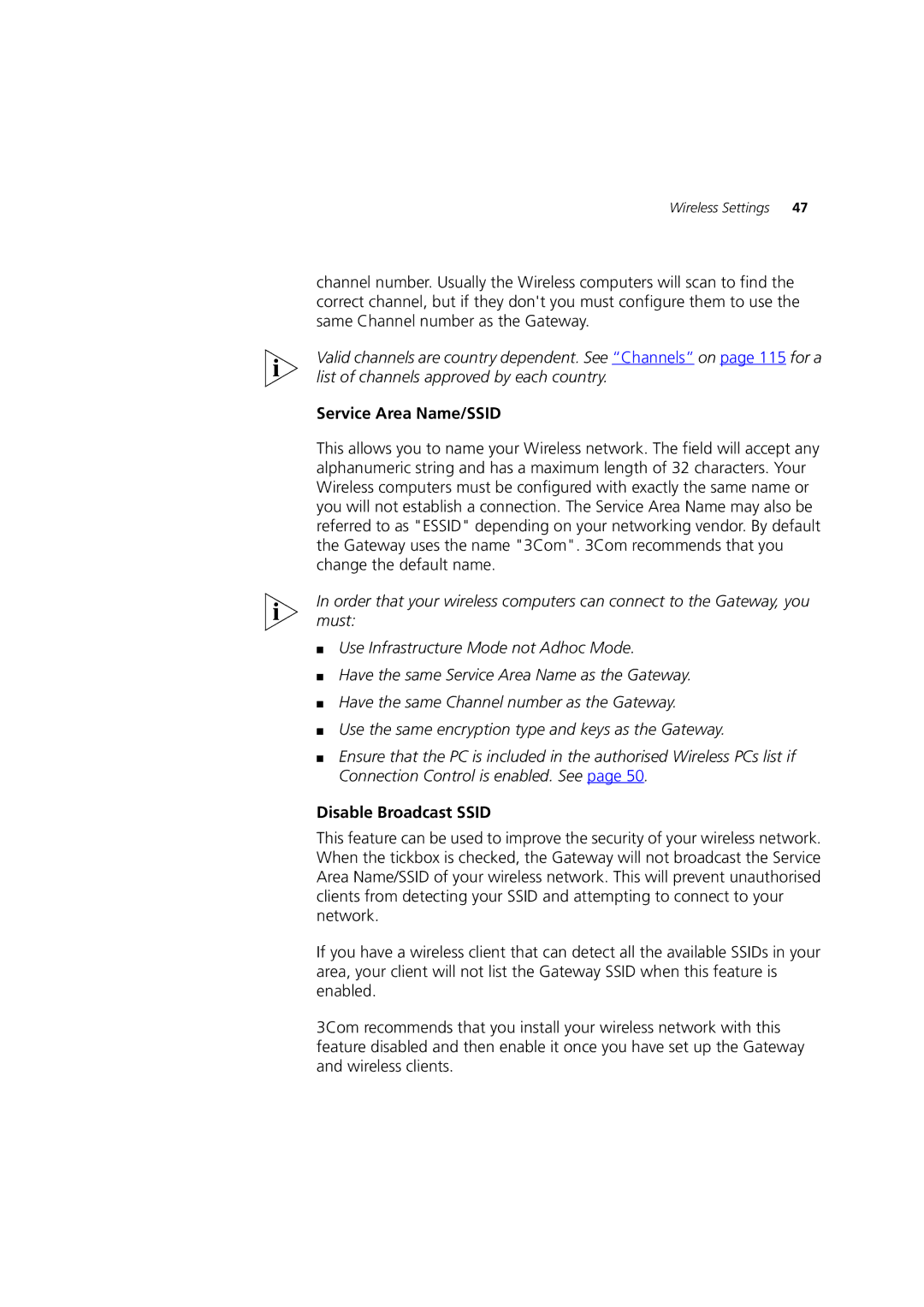 3Com 3CRWE52196 manual Service Area Name/SSID, Disable Broadcast Ssid 