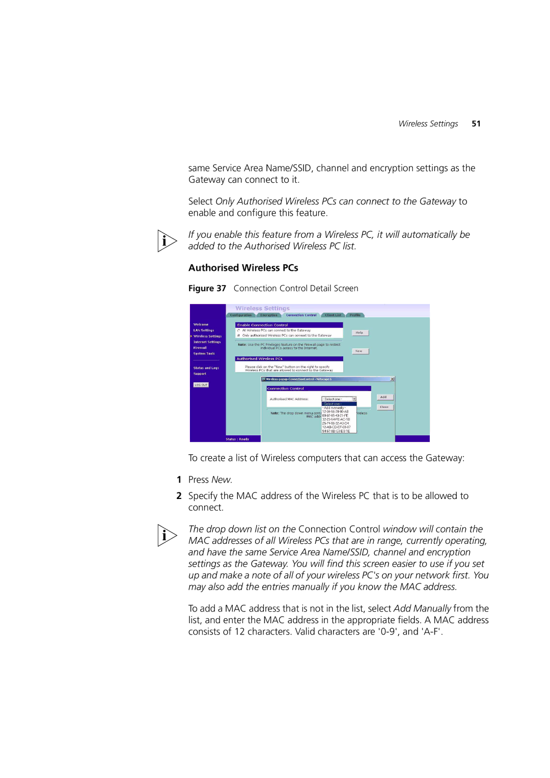 3Com 3CRWE52196 manual Authorised Wireless PCs, Connection Control Detail Screen 