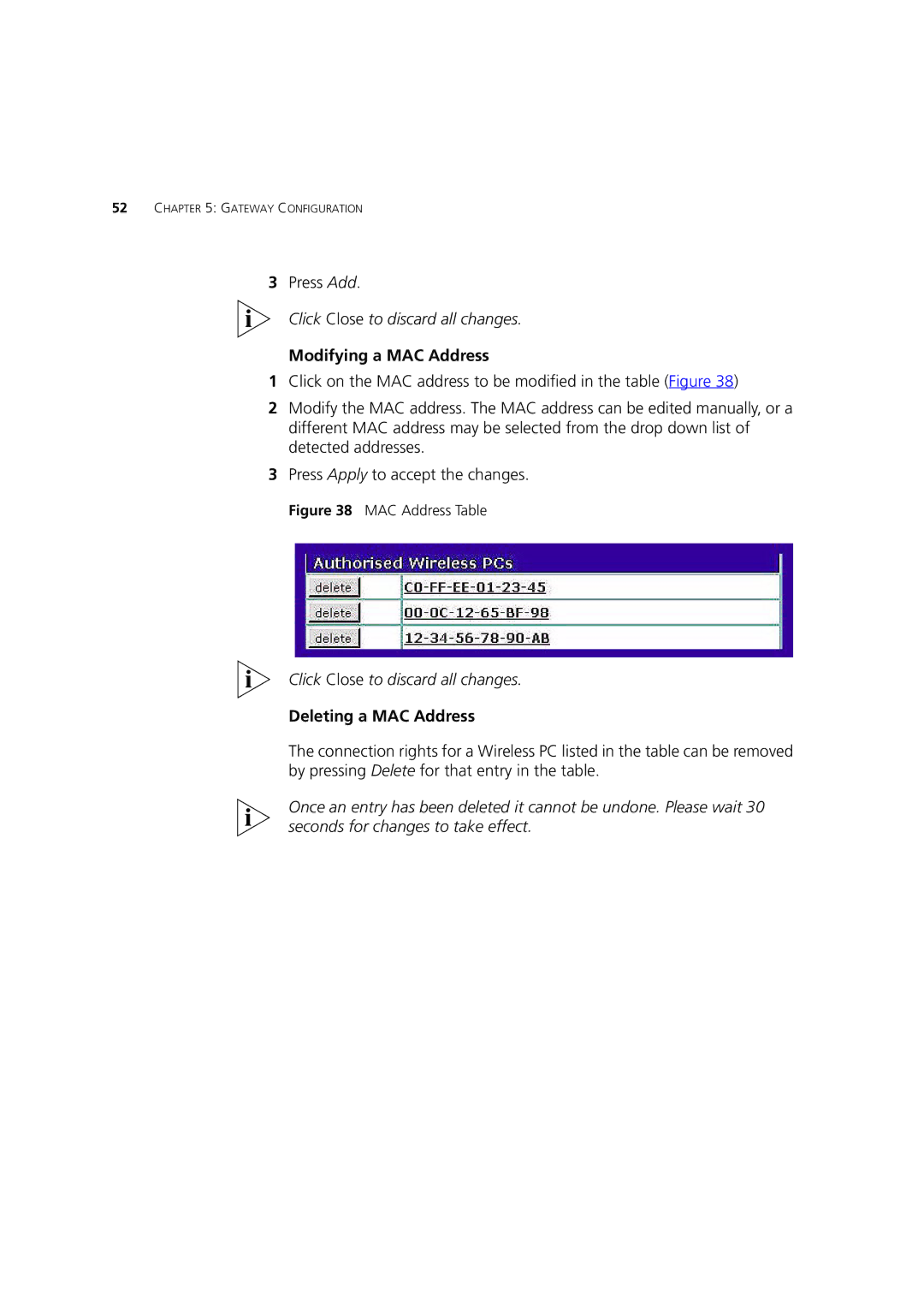 3Com 3CRWE52196 manual Modifying a MAC Address, Deleting a MAC Address 