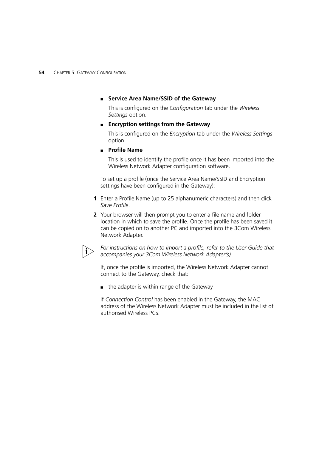 3Com 3CRWE52196 manual Service Area Name/SSID of the Gateway, Encryption settings from the Gateway, Profile Name 