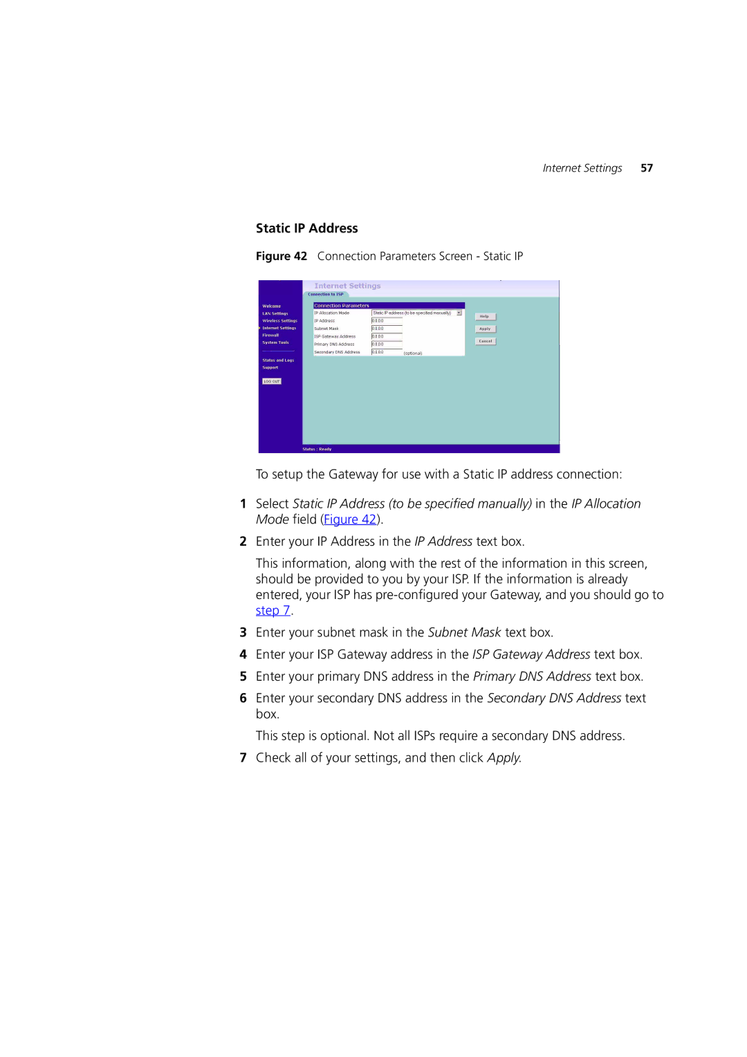 3Com 3CRWE52196 manual Static IP Address, Connection Parameters Screen Static IP 