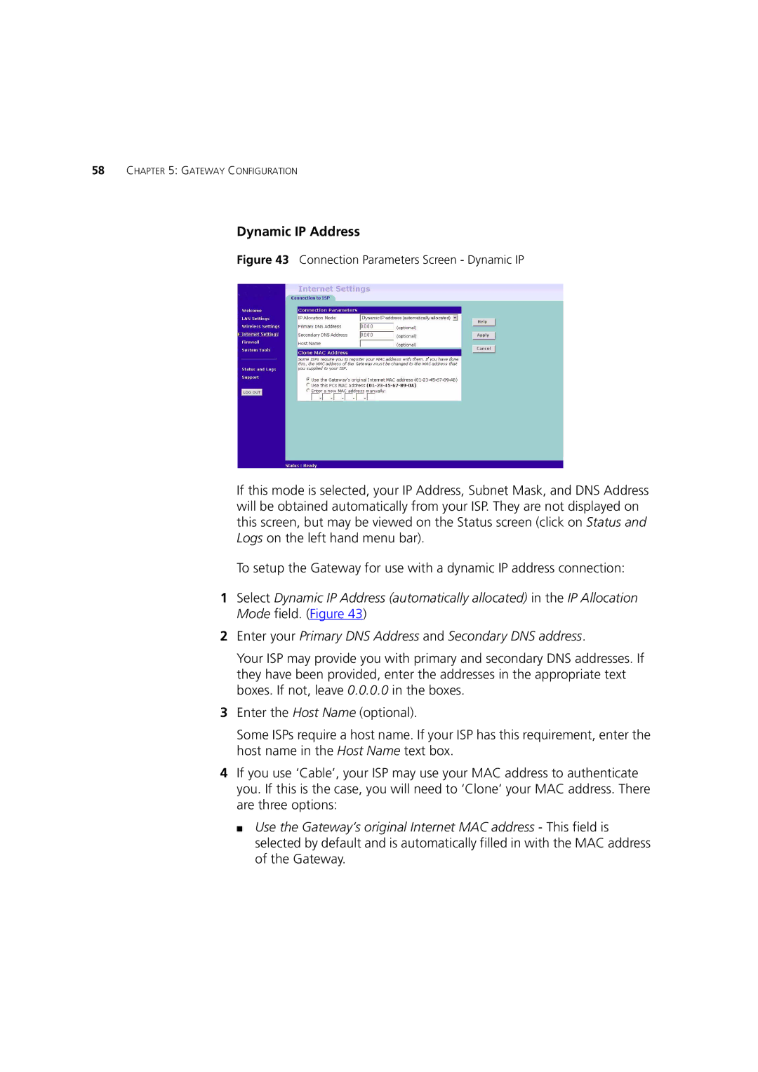 3Com 3CRWE52196 manual Dynamic IP Address, Connection Parameters Screen Dynamic IP 