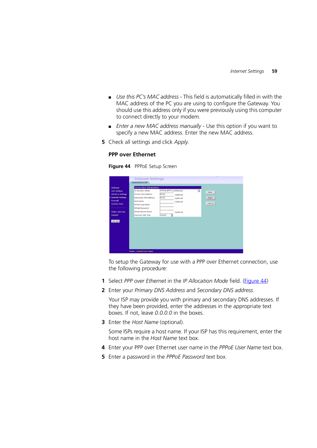 3Com 3CRWE52196 manual PPP over Ethernet, PPPoE Setup Screen 