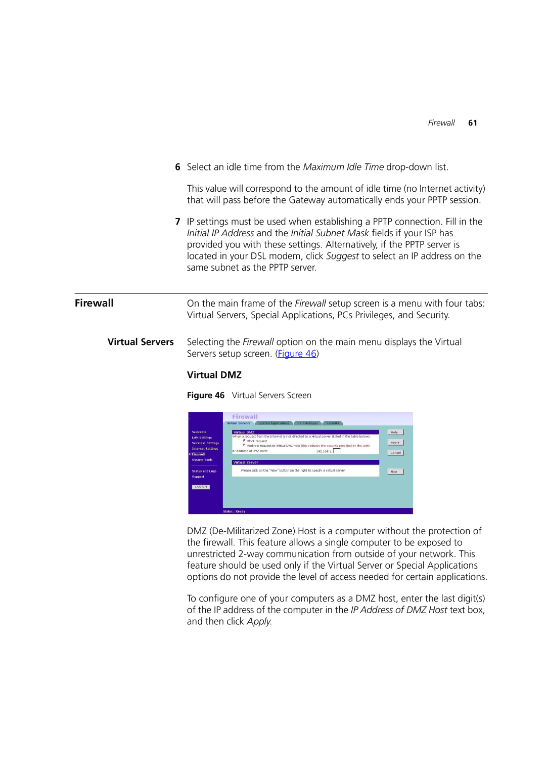 3Com 3CRWE52196 manual Firewall, Virtual DMZ 