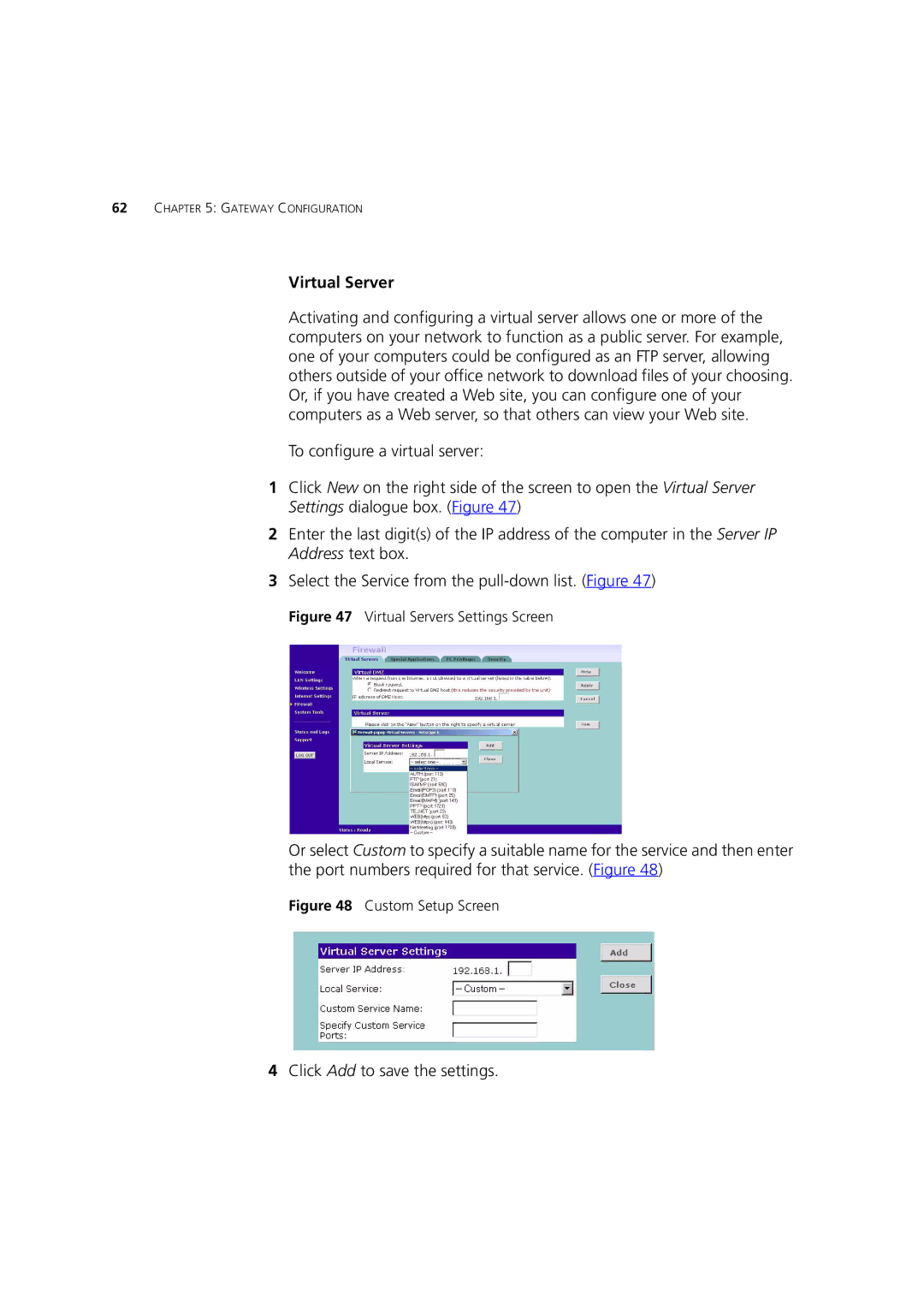 3Com 3CRWE52196 manual Virtual Servers Settings Screen 